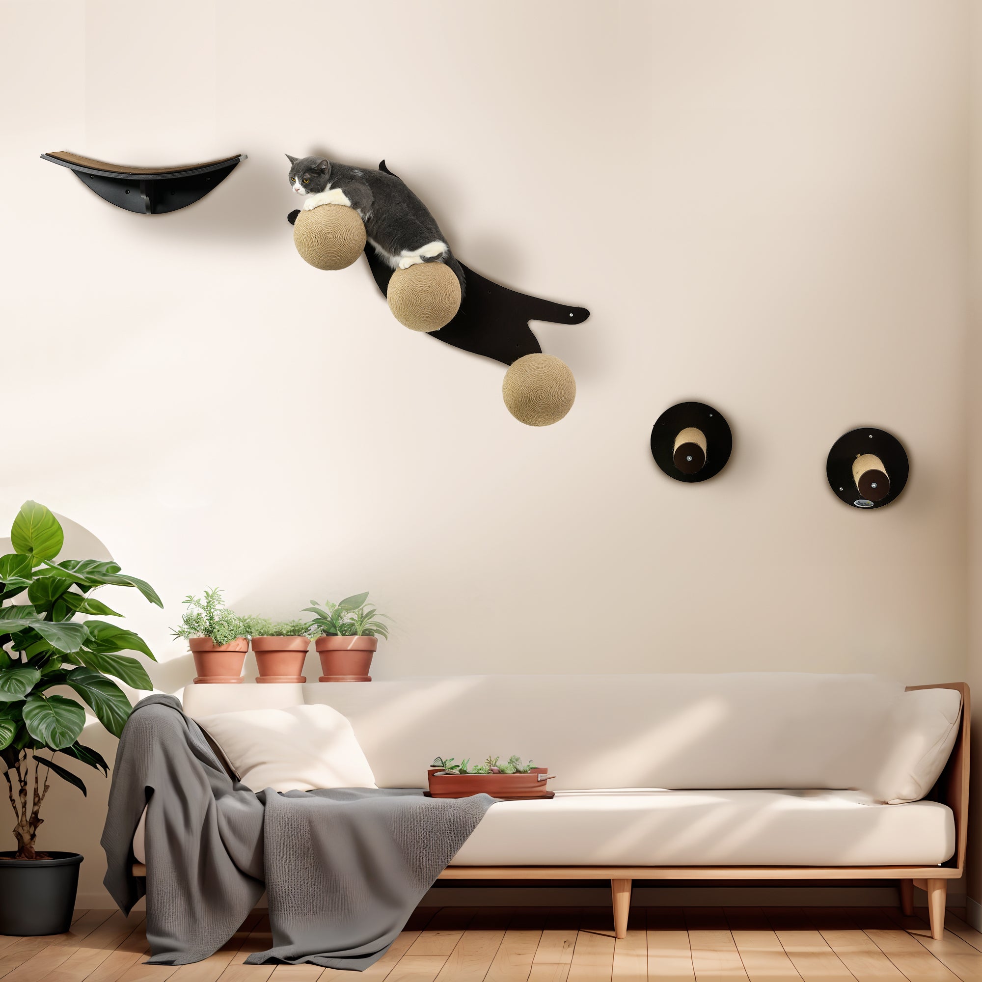 PawHut Cat Wall Furniture 4PCs Wall Mounted Cat Tree Shelves, Scratching Posts, Cat-Shaped Platform with Three Scratching Balls - Brown