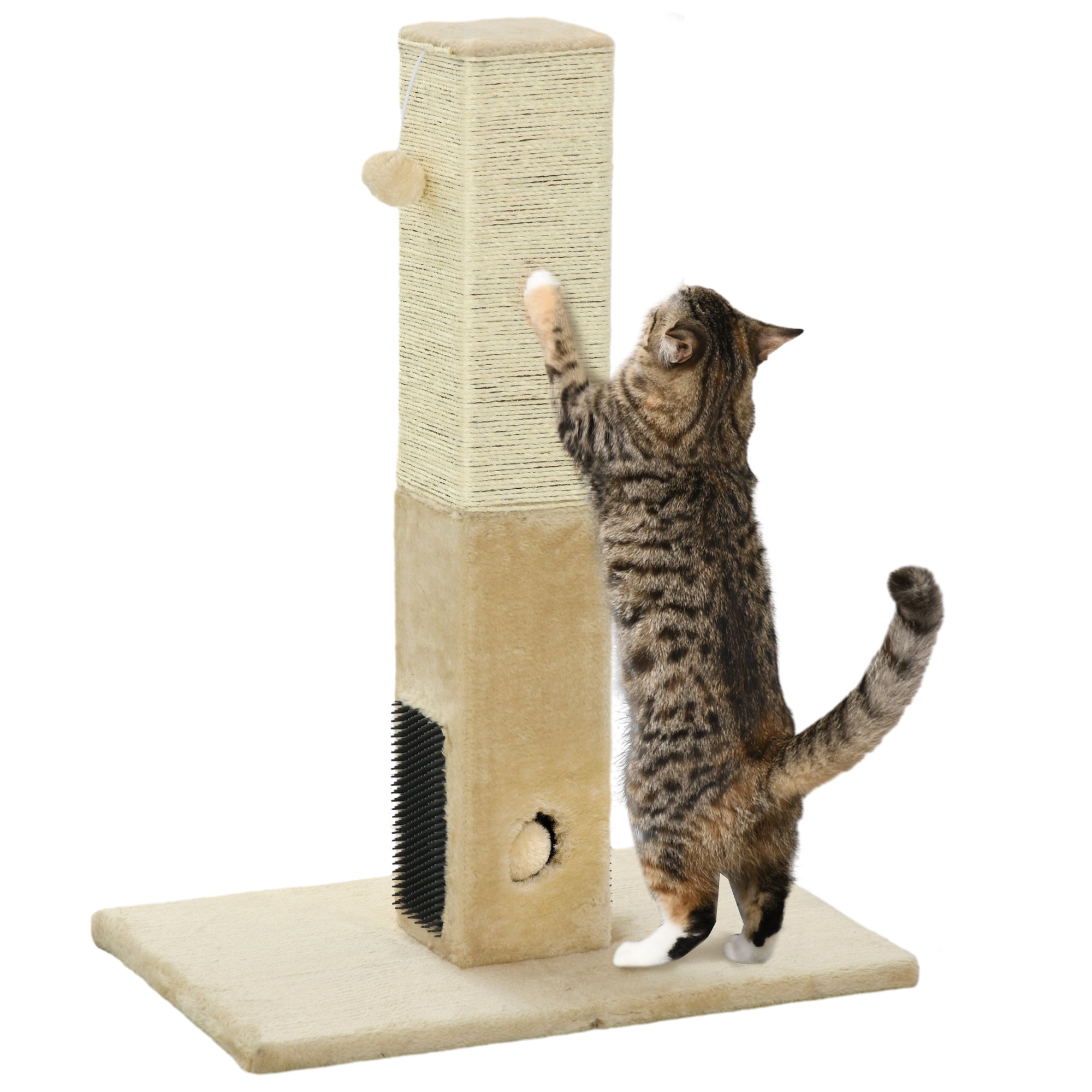 PawHut Cat Tree Scratching Post for Indoor Cats 79cm Jute Scratcher Climber w/ Carpet Base Dangling Toy Self Grooming Brush – Beige