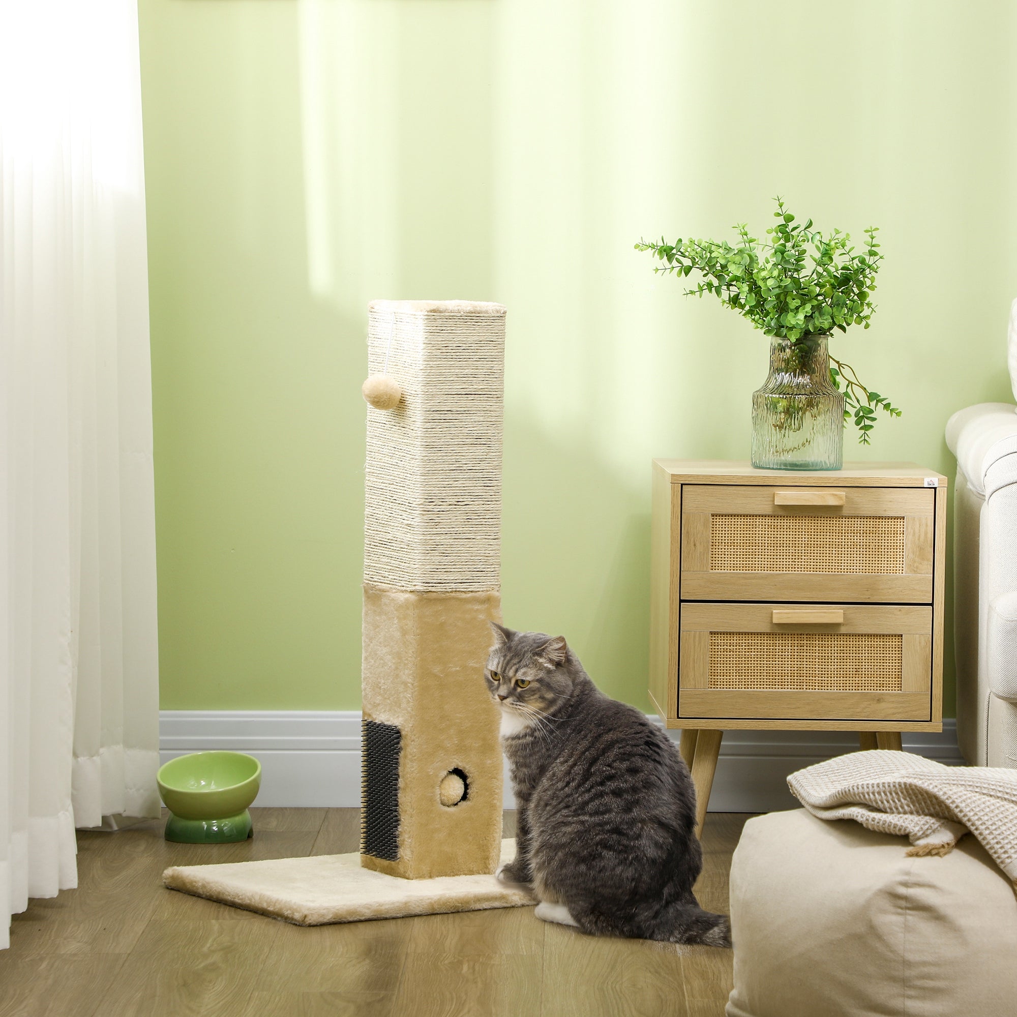 PawHut Cat Tree Scratching Post for Indoor Cats 79cm Jute Scratcher Climber w/ Carpet Base Dangling Toy Self Grooming Brush – Beige