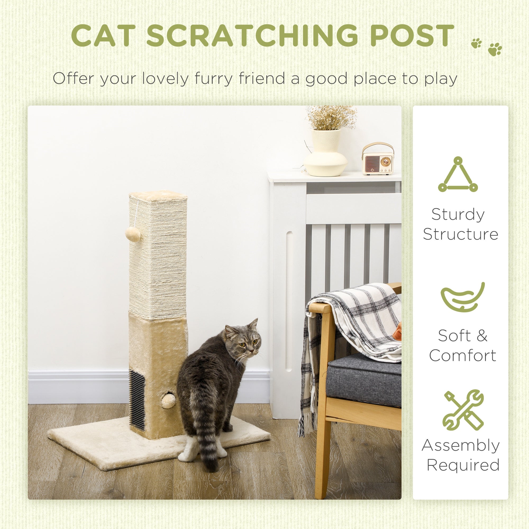 PawHut Cat Tree Scratching Post for Indoor Cats 79cm Jute Scratcher Climber w/ Carpet Base Dangling Toy Self Grooming Brush – Beige