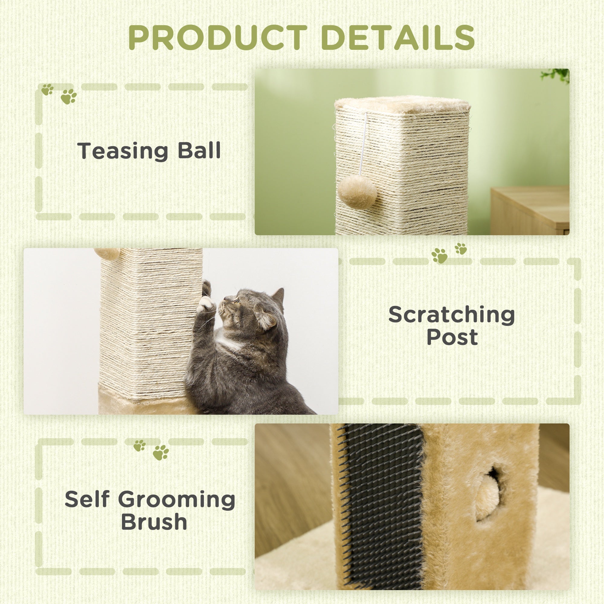 PawHut Cat Tree Scratching Post for Indoor Cats 79cm Jute Scratcher Climber w/ Carpet Base Dangling Toy Self Grooming Brush – Beige