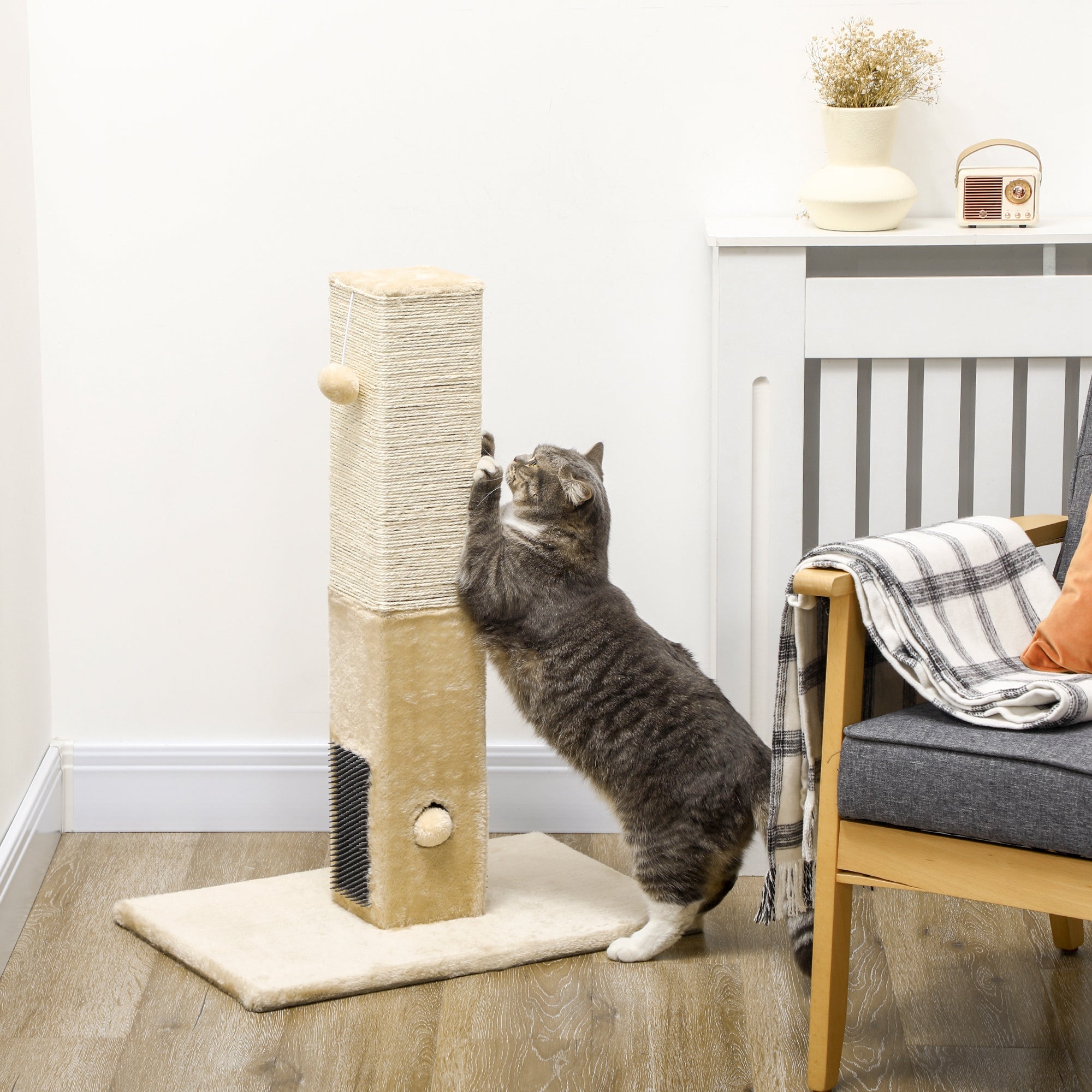 PawHut Cat Tree Scratching Post for Indoor Cats 79cm Jute Scratcher Climber w/ Carpet Base Dangling Toy Self Grooming Brush – Beige