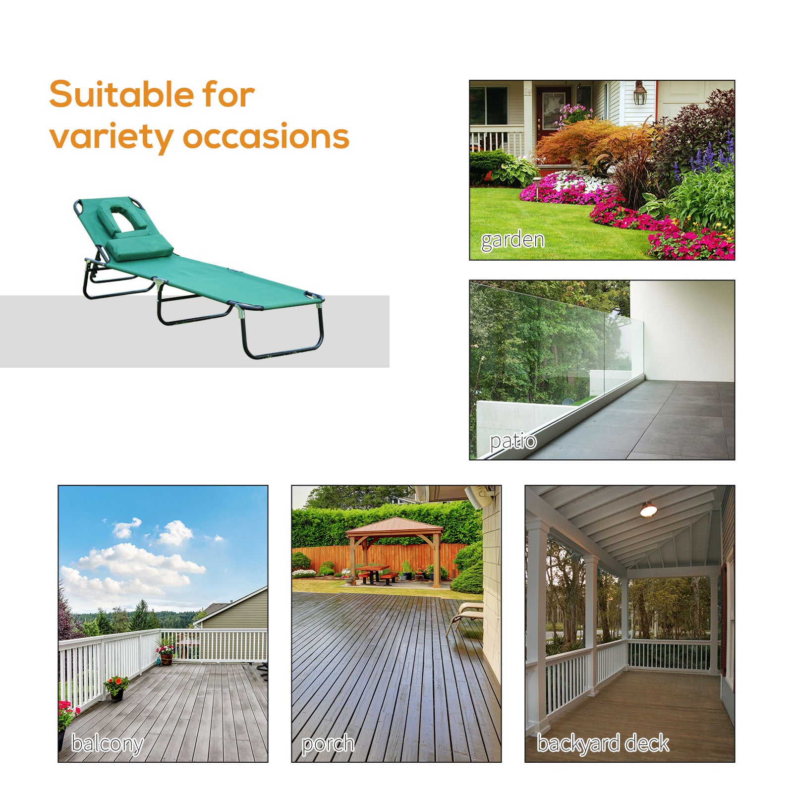 Outsunny Adjustable Garden Sun Lounger w/ Reading Hole Outdoor Reclining Seat Folding Camping Beach Lounging Bed Green