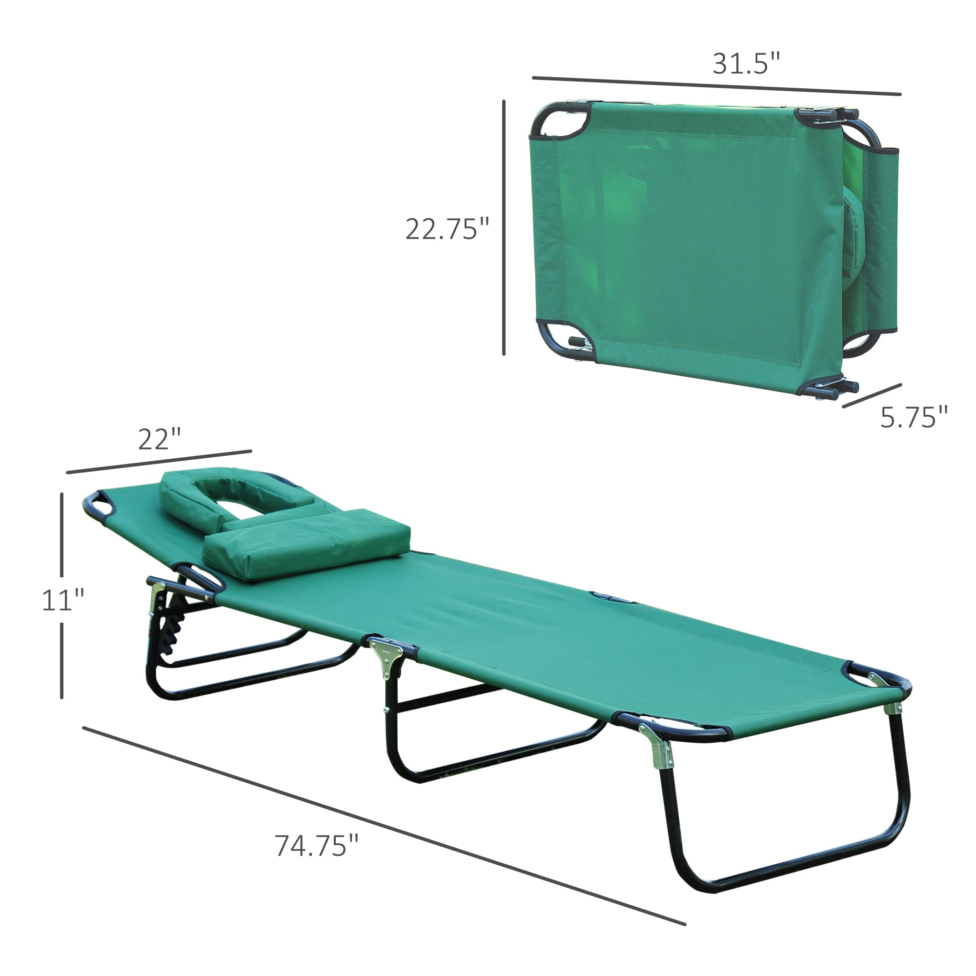 Outsunny Adjustable Garden Sun Lounger w/ Reading Hole Outdoor Reclining Seat Folding Camping Beach Lounging Bed Green