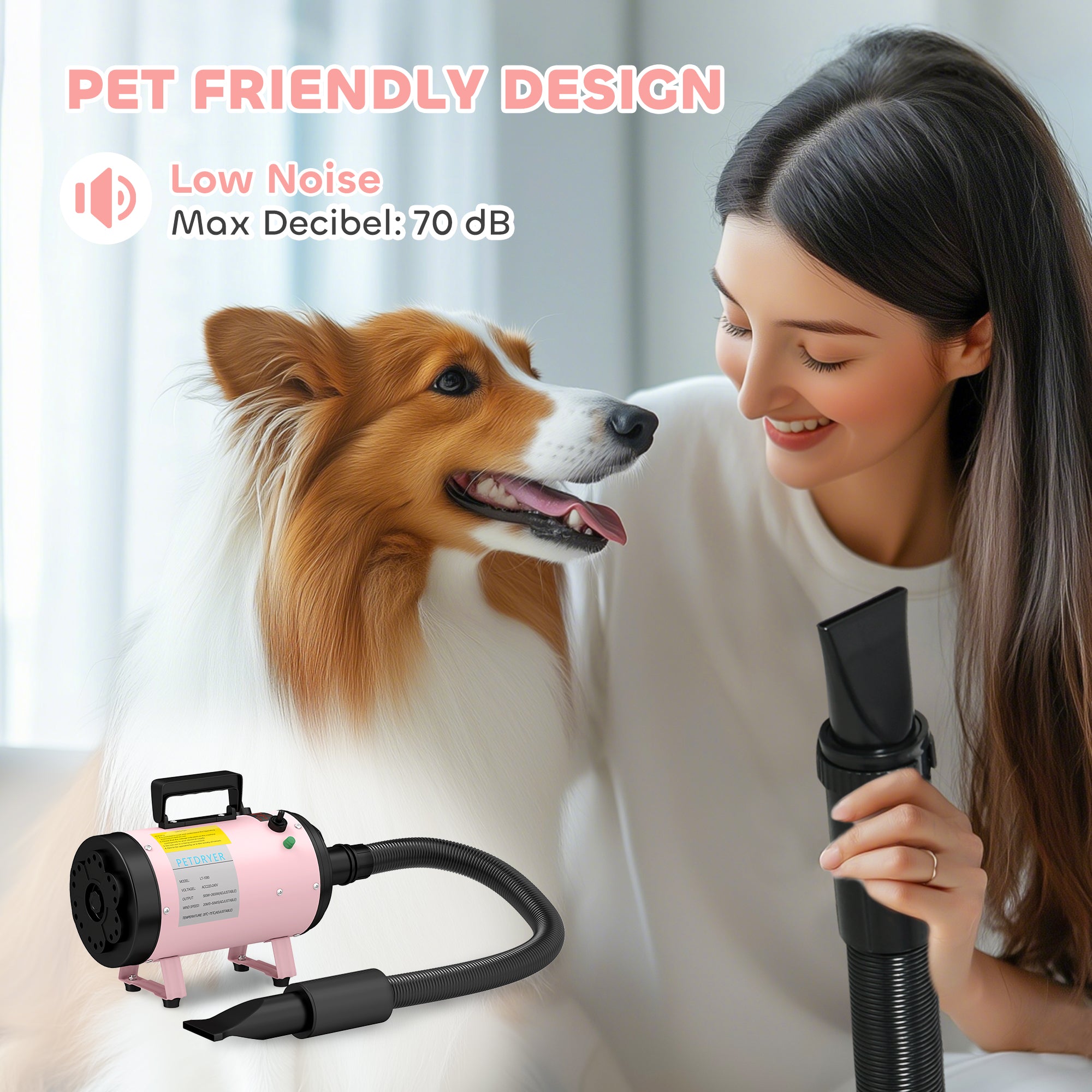 PawHut Dog Hair Dryer, 2200W Pet Grooming Hair Dryer with Adjustable Temperature & Velocity, Professional Low Noise Dog Blaster with 3 Different Nozzles, Pink