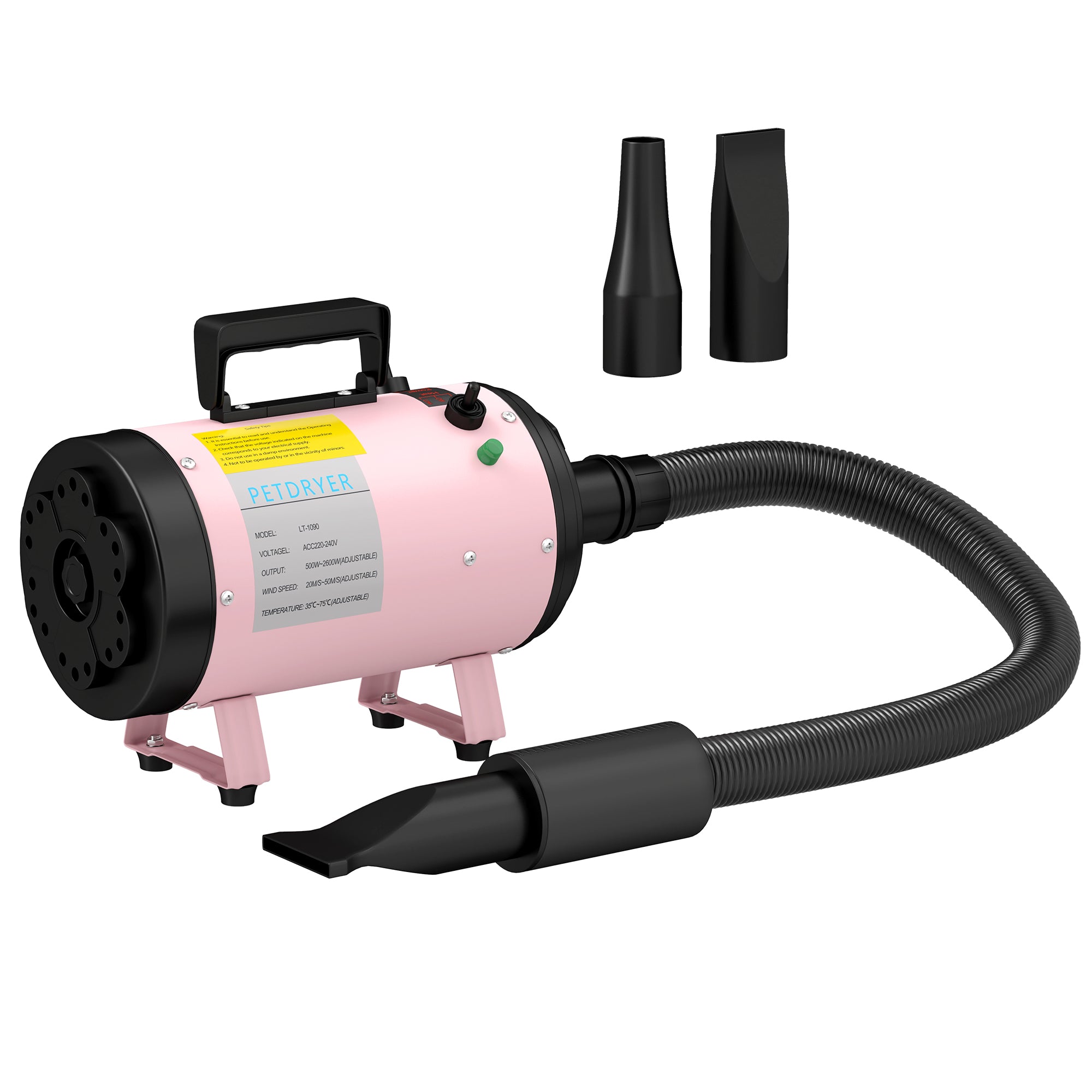 PawHut Dog Hair Dryer, 2200W Pet Grooming Hair Dryer with Adjustable Temperature & Velocity, Professional Low Noise Dog Blaster with 3 Different Nozzles, Pink