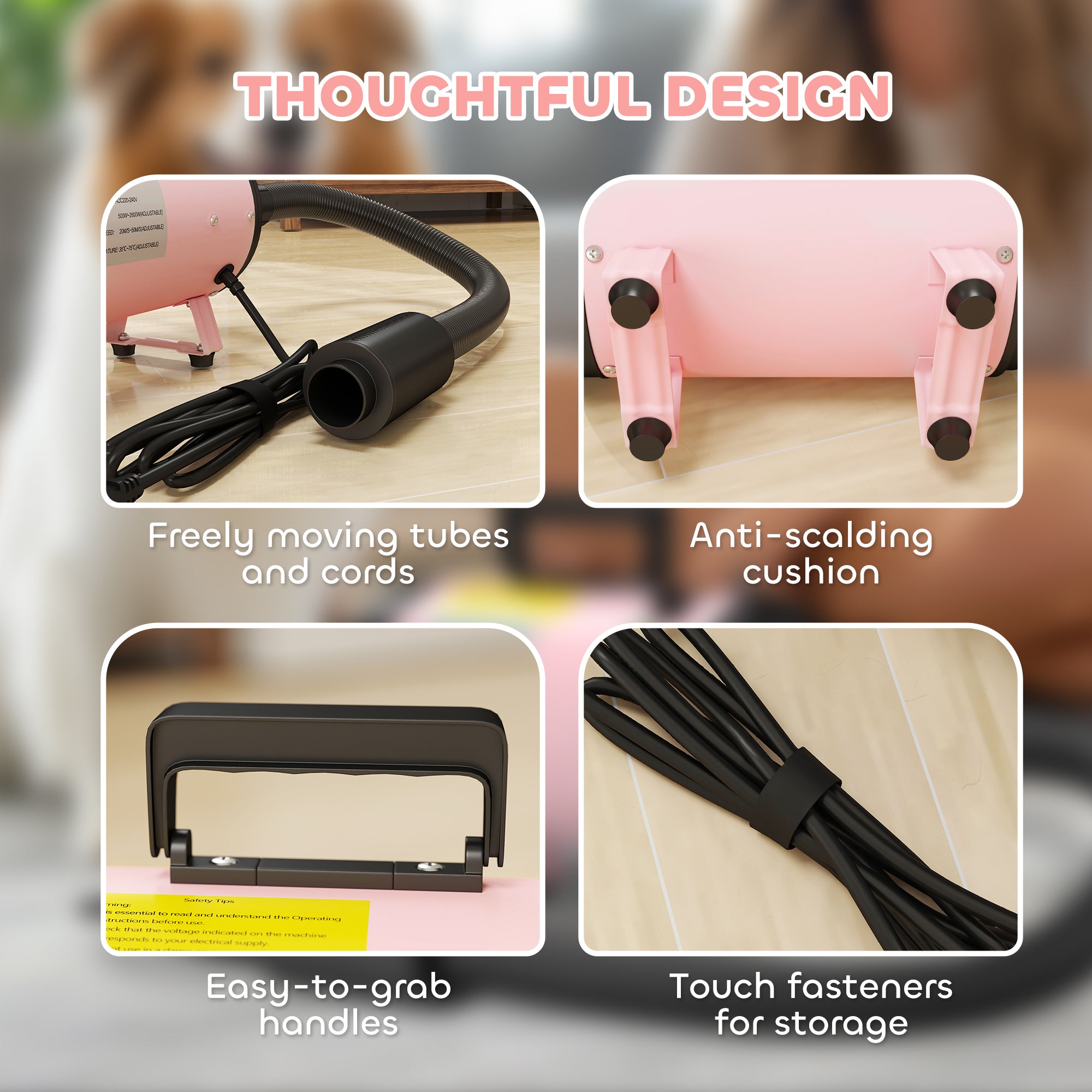 PawHut Dog Hair Dryer, 2200W Pet Grooming Hair Dryer with Adjustable Temperature & Velocity, Professional Low Noise Dog Blaster with 3 Different Nozzles, Pink