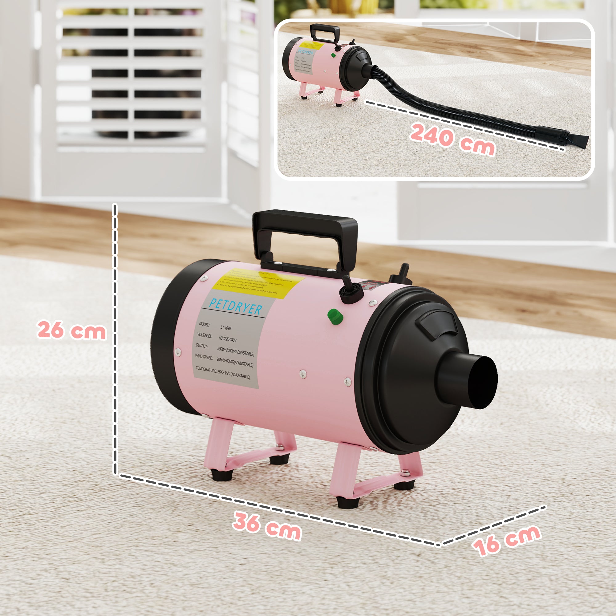 PawHut Dog Hair Dryer, 2200W Pet Grooming Hair Dryer with Adjustable Temperature & Velocity, Professional Low Noise Dog Blaster with 3 Different Nozzles, Pink