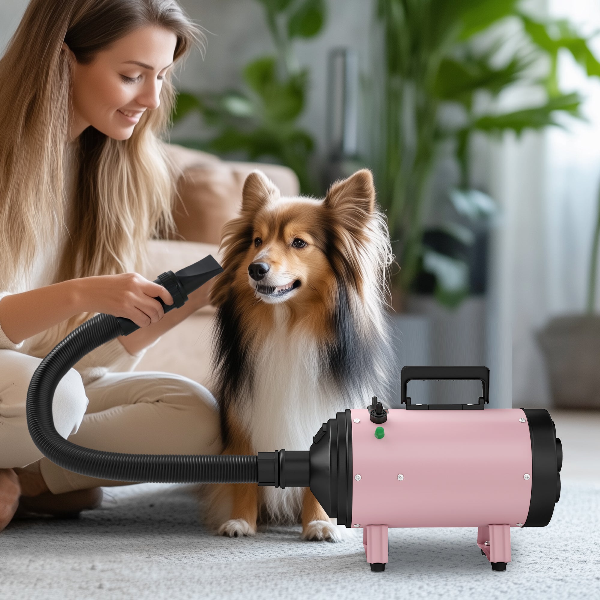 PawHut Dog Hair Dryer, 2200W Pet Grooming Hair Dryer with Adjustable Temperature & Velocity, Professional Low Noise Dog Blaster with 3 Different Nozzles, Pink