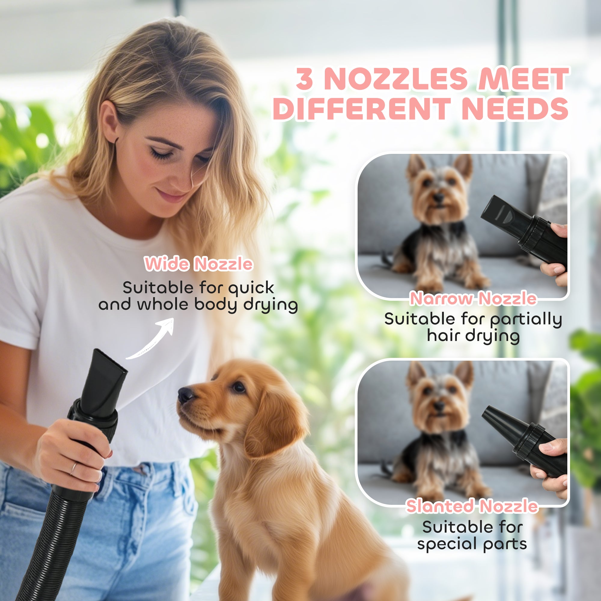 PawHut Dog Hair Dryer, 2200W Pet Grooming Hair Dryer with Adjustable Temperature & Velocity, Professional Low Noise Dog Blaster with 3 Different Nozzles, Pink