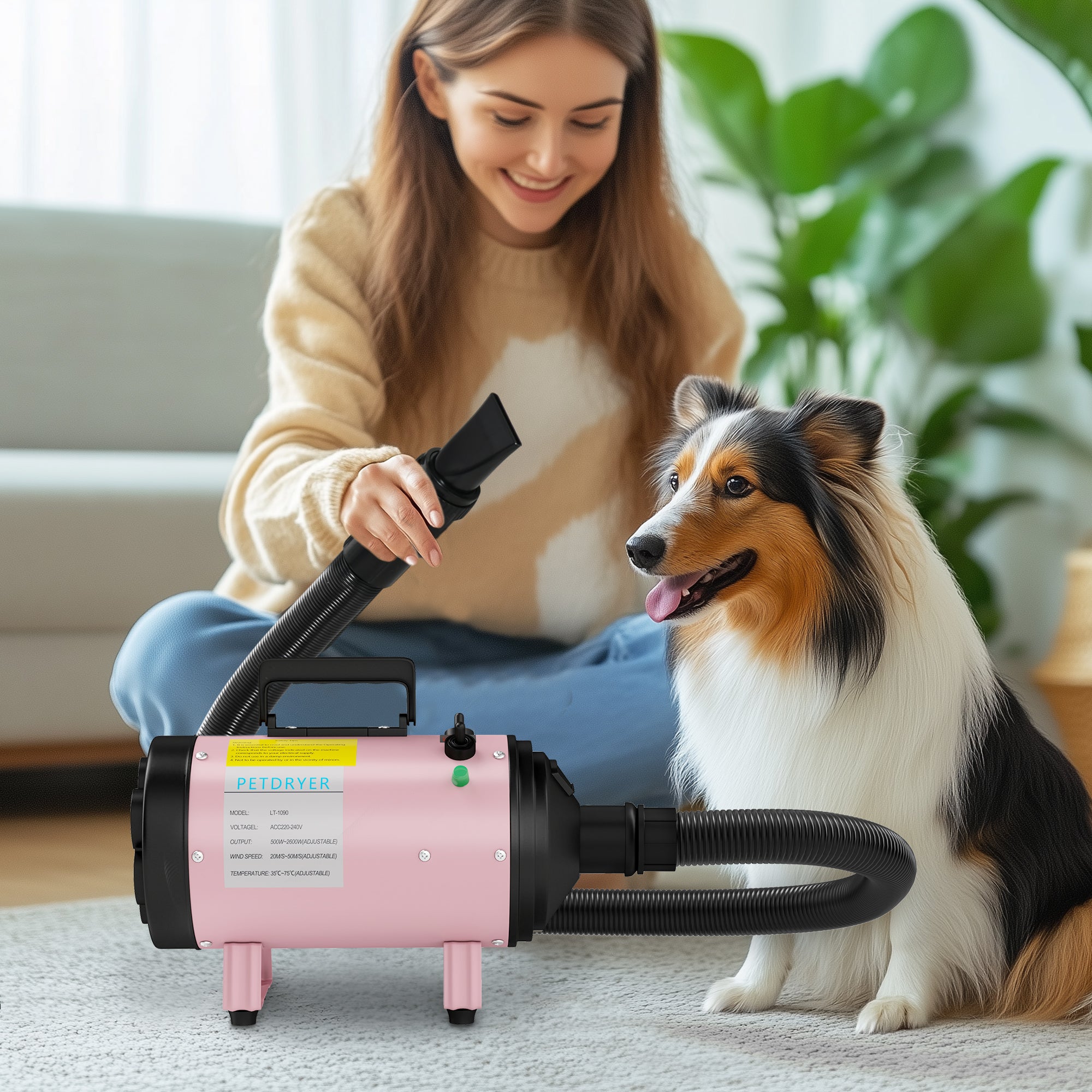 PawHut Dog Hair Dryer, 2200W Pet Grooming Hair Dryer with Adjustable Temperature & Velocity, Professional Low Noise Dog Blaster with 3 Different Nozzles, Pink