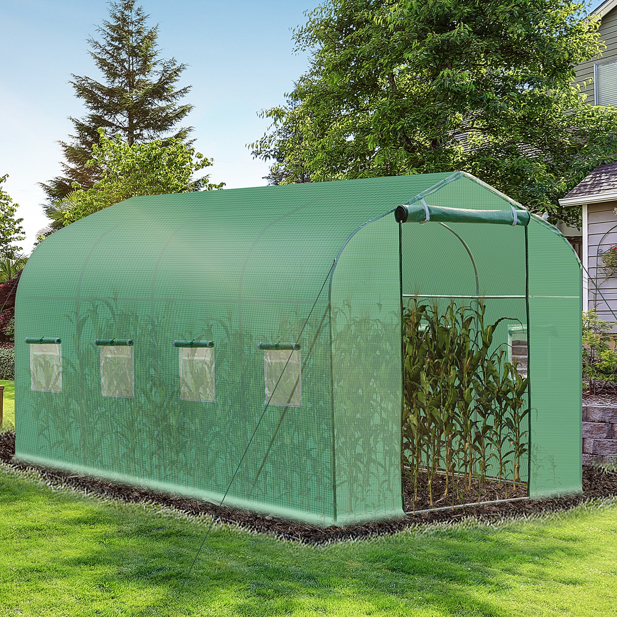 Outsunny 13' x 6.5' x 6.5' Steeple Walk-in Greenhouse Garden Plant Seed Grow Tent Polytennel with Windows and Door Green