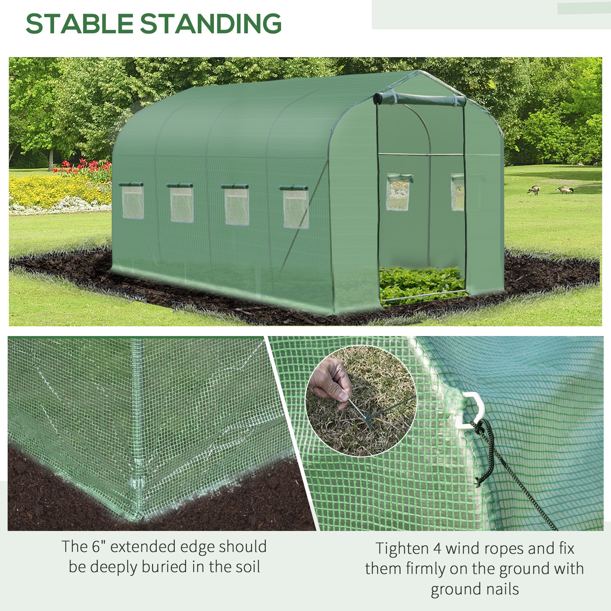 Outsunny 13' x 6.5' x 6.5' Steeple Walk-in Greenhouse Garden Plant Seed Grow Tent Polytennel with Windows and Door Green