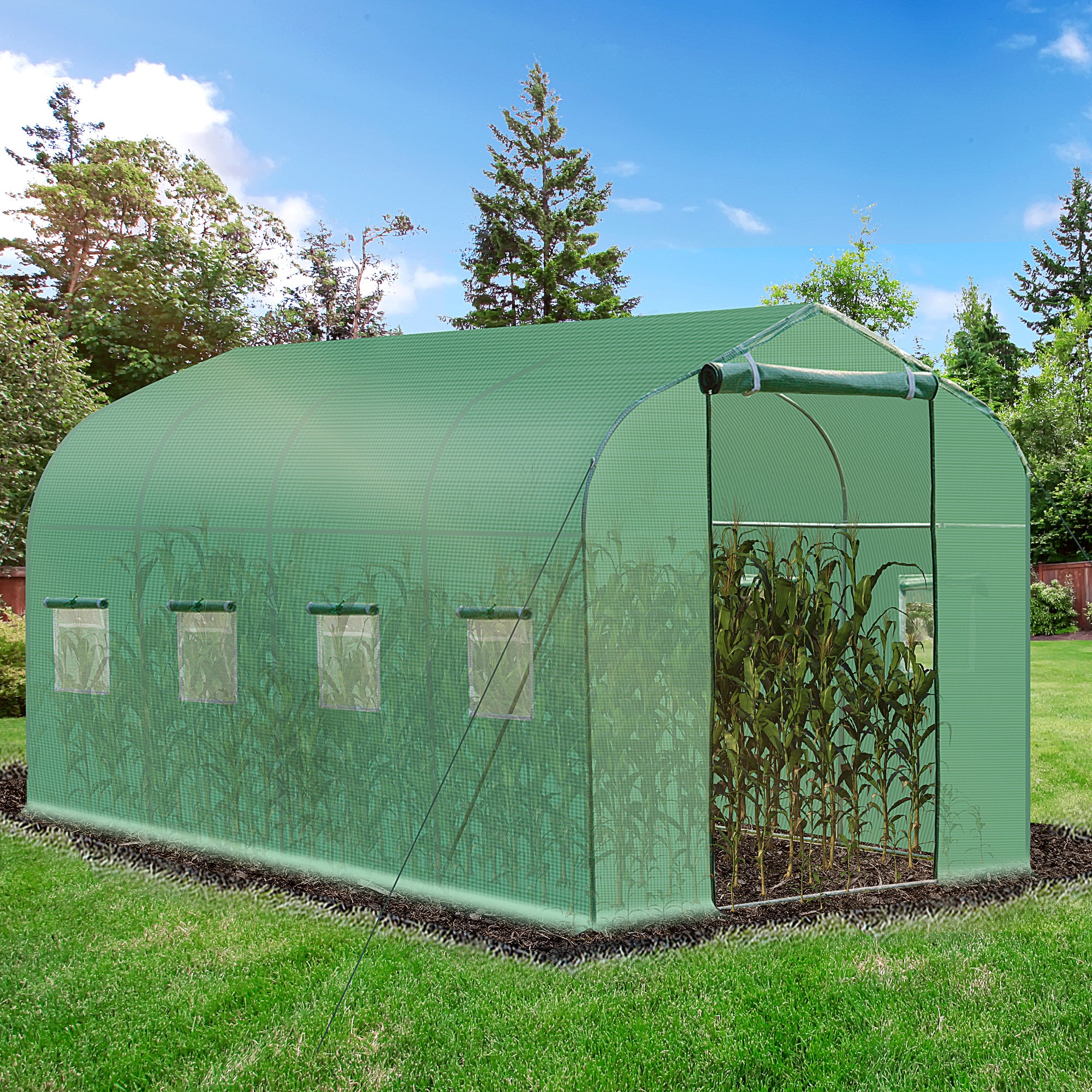 Outsunny 13' x 6.5' x 6.5' Steeple Walk-in Greenhouse Garden Plant Seed Grow Tent Polytennel with Windows and Door Green