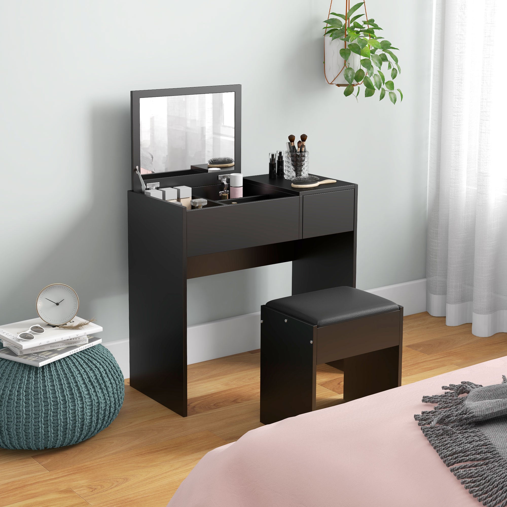 HOMCOM Vanity Desk Set with Flip Top Mirror and Cushioned Stool, Makeup Vanity with Storage Drawer, Dressing Table for Bedroom, Black