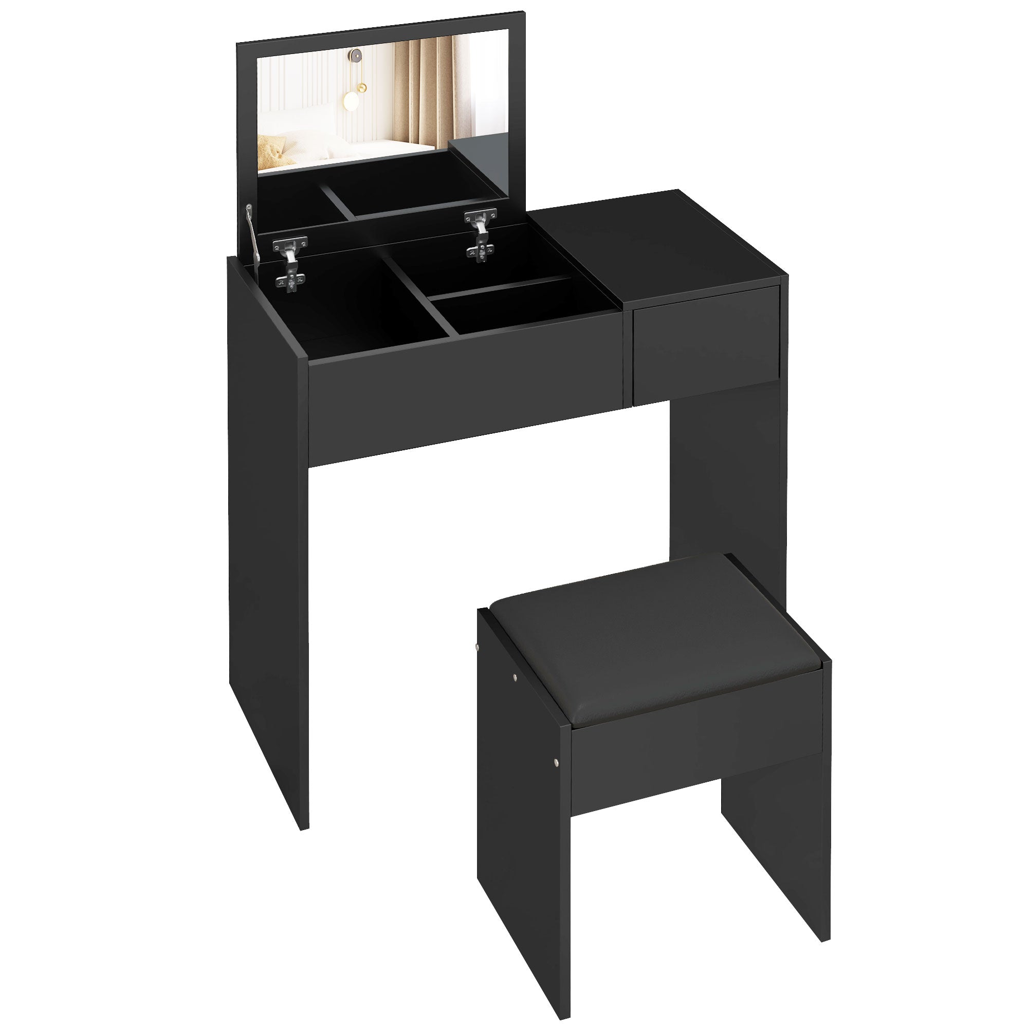 HOMCOM Vanity Desk Set with Flip Top Mirror and Cushioned Stool, Makeup Vanity with Storage Drawer, Dressing Table for Bedroom, Black