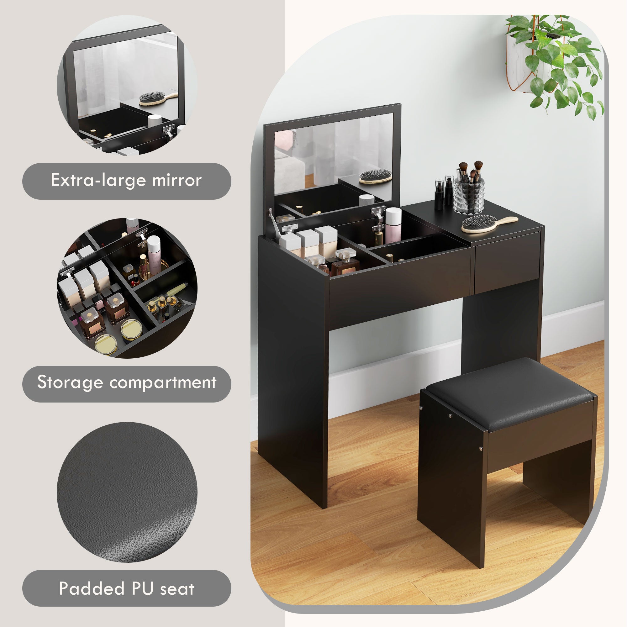 HOMCOM Vanity Desk Set with Flip Top Mirror and Cushioned Stool, Makeup Vanity with Storage Drawer, Dressing Table for Bedroom, Black
