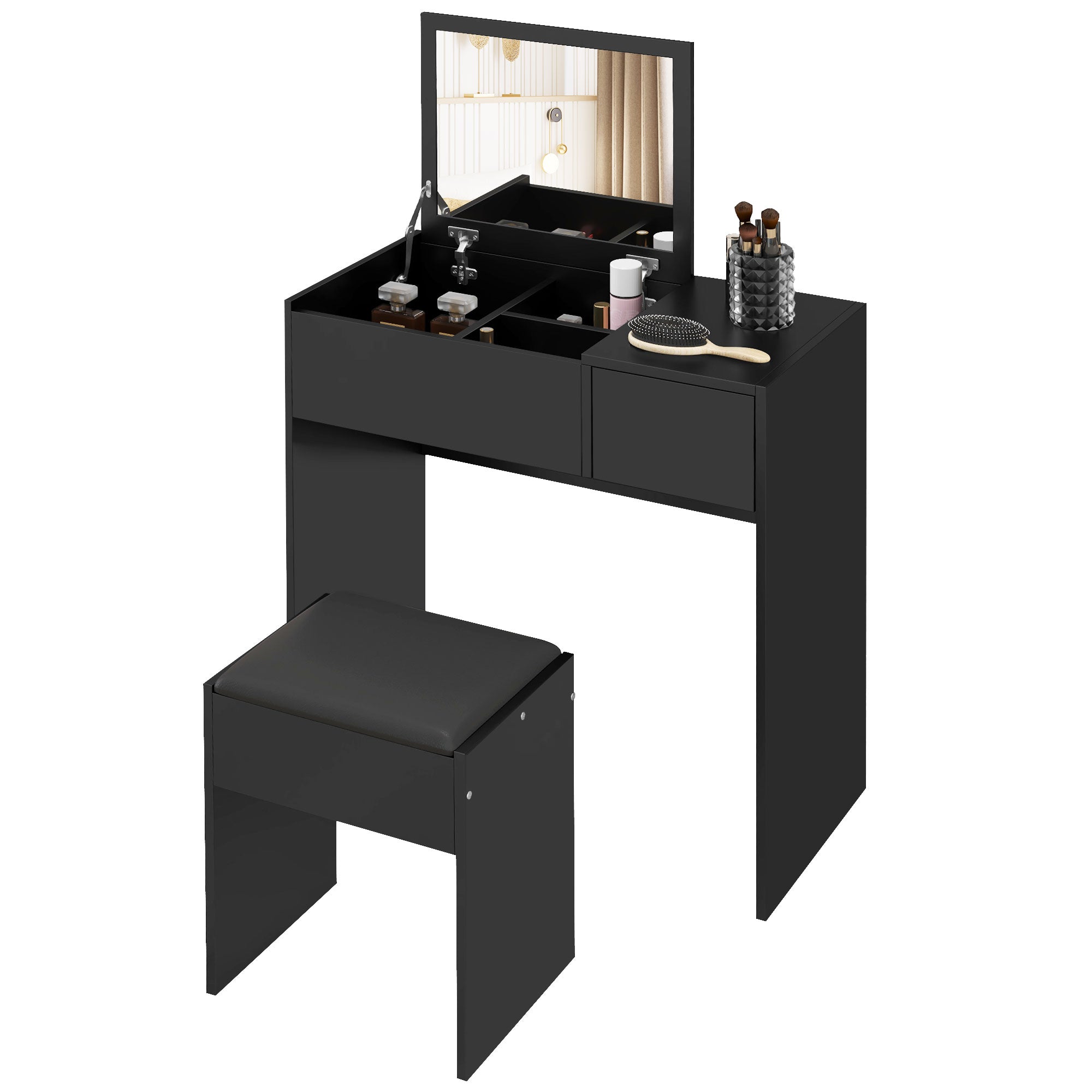 HOMCOM Vanity Desk Set with Flip Top Mirror and Cushioned Stool, Makeup Vanity with Storage Drawer, Dressing Table for Bedroom, Black