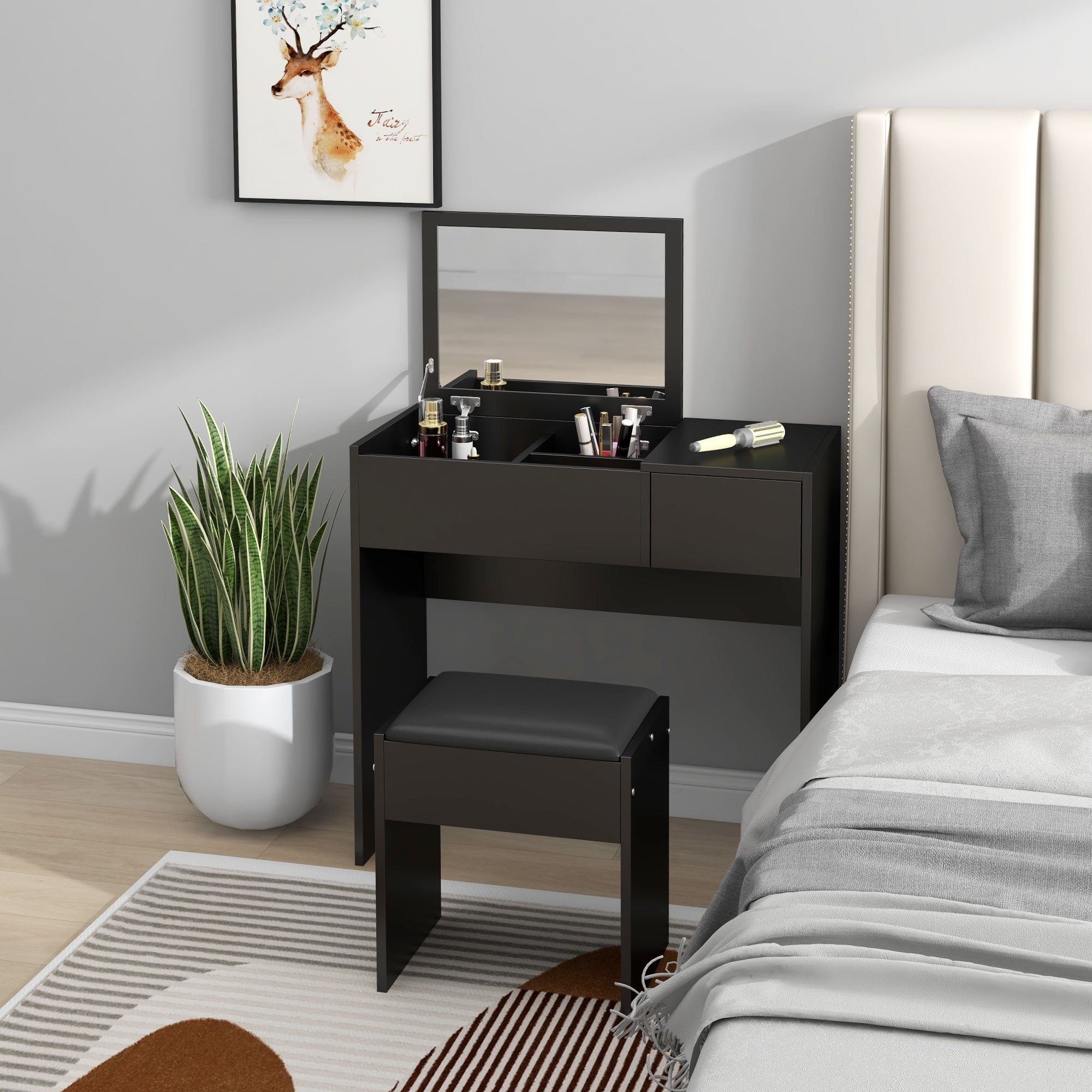 HOMCOM Vanity Desk Set with Flip Top Mirror and Cushioned Stool, Makeup Vanity with Storage Drawer, Dressing Table for Bedroom, Black