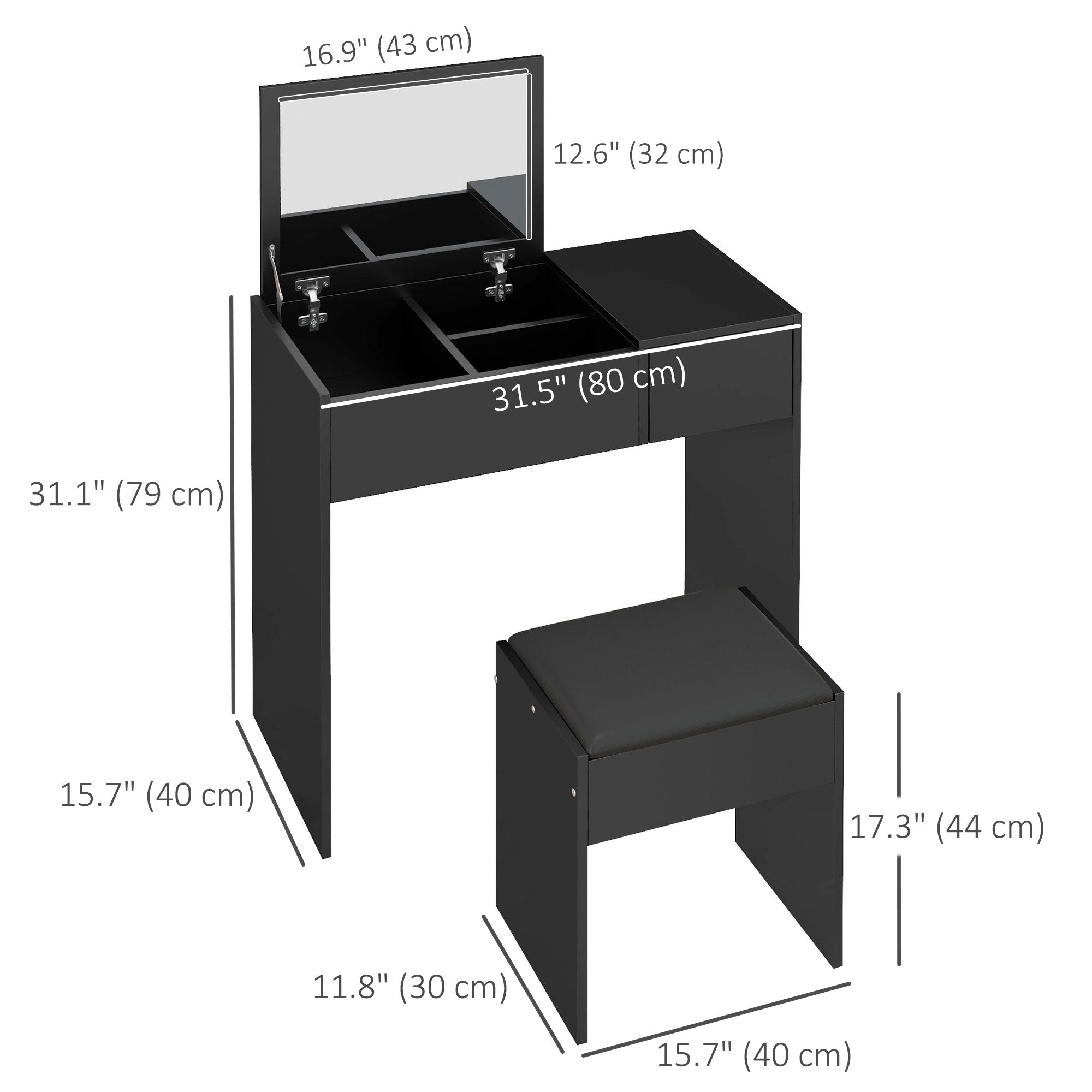 HOMCOM Vanity Desk Set with Flip Top Mirror and Cushioned Stool, Makeup Vanity with Storage Drawer, Dressing Table for Bedroom, Black