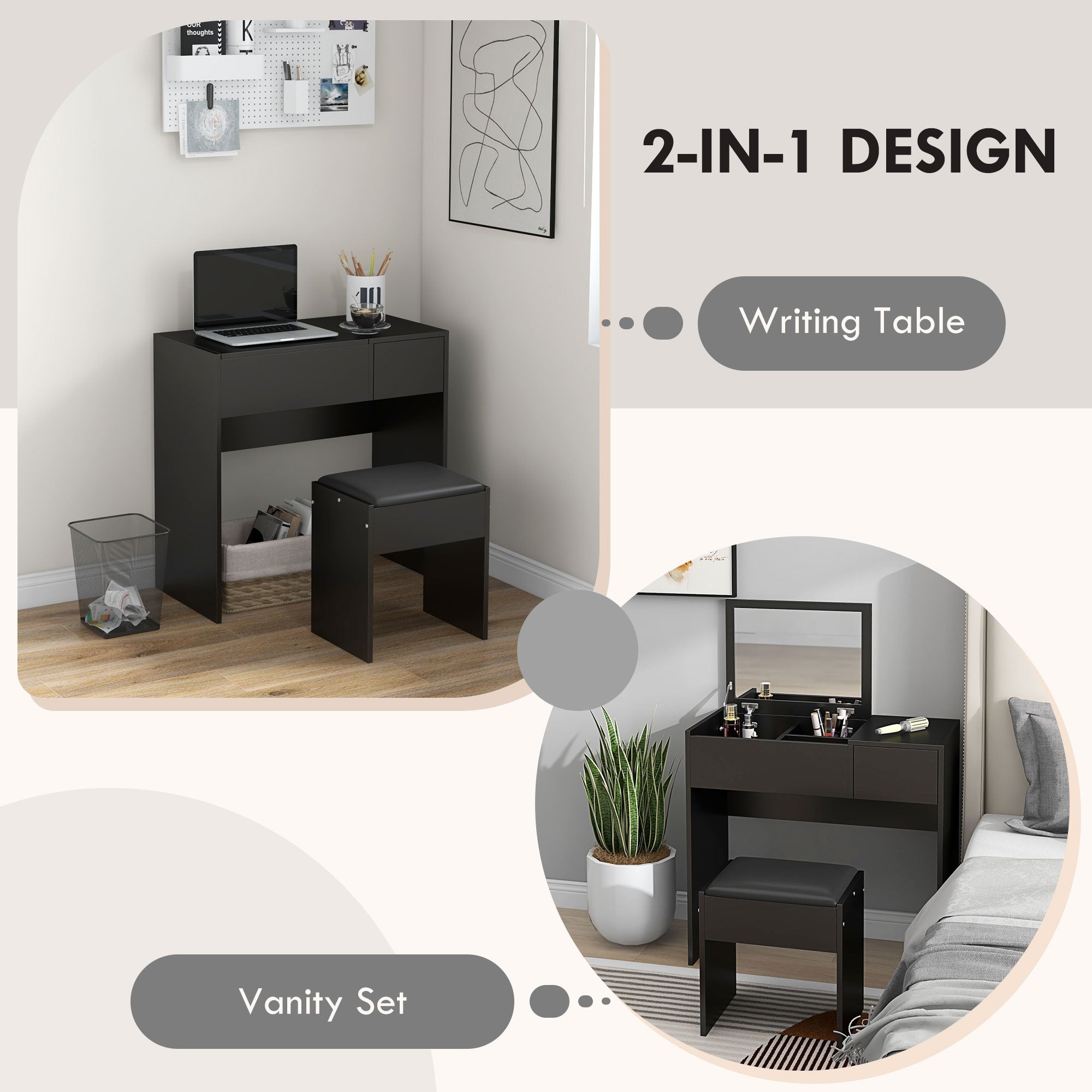 HOMCOM Vanity Desk Set with Flip Top Mirror and Cushioned Stool, Makeup Vanity with Storage Drawer, Dressing Table for Bedroom, Black