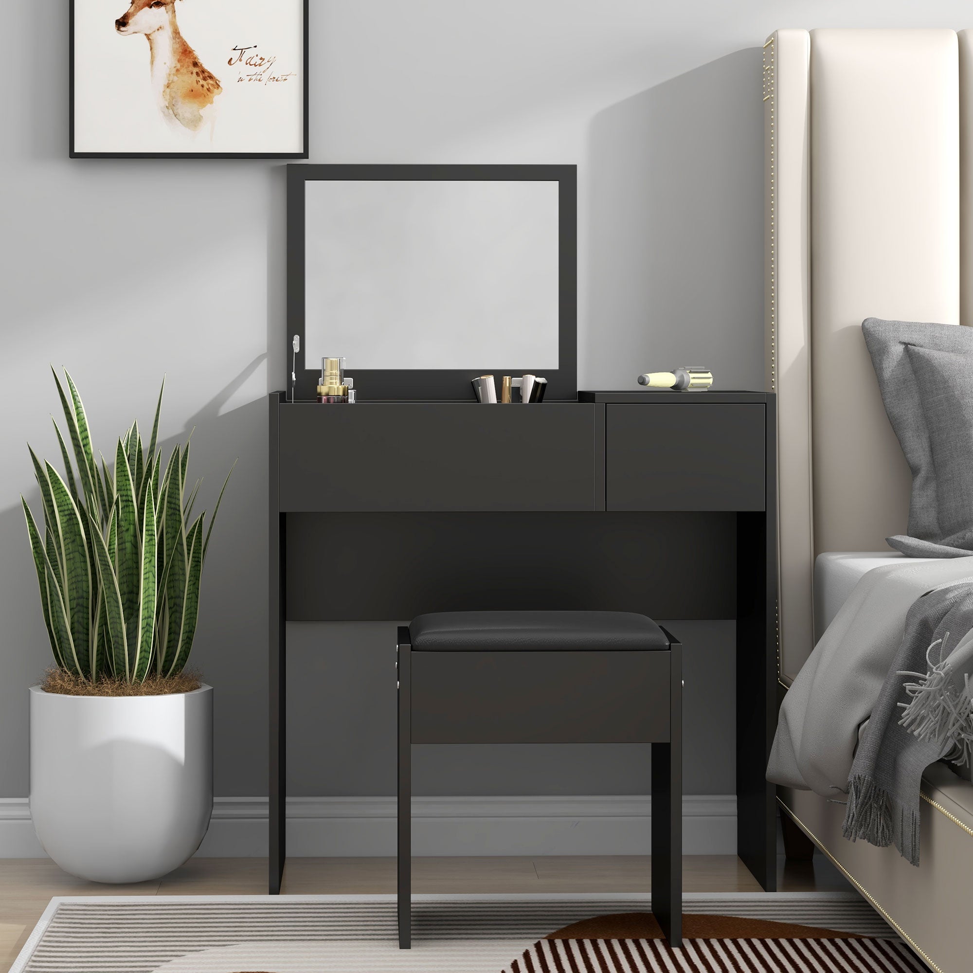 HOMCOM Vanity Desk Set with Flip Top Mirror and Cushioned Stool, Makeup Vanity with Storage Drawer, Dressing Table for Bedroom, Black