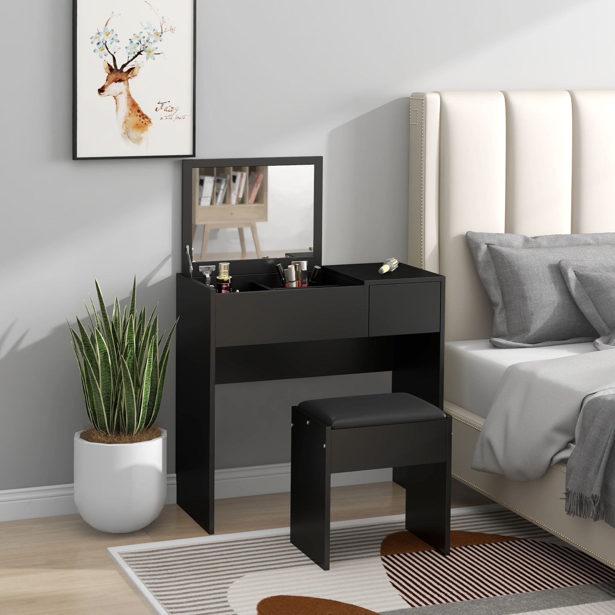 HOMCOM Vanity Desk Set with Flip Top Mirror and Cushioned Stool, Makeup Vanity with Storage Drawer, Dressing Table for Bedroom, Black