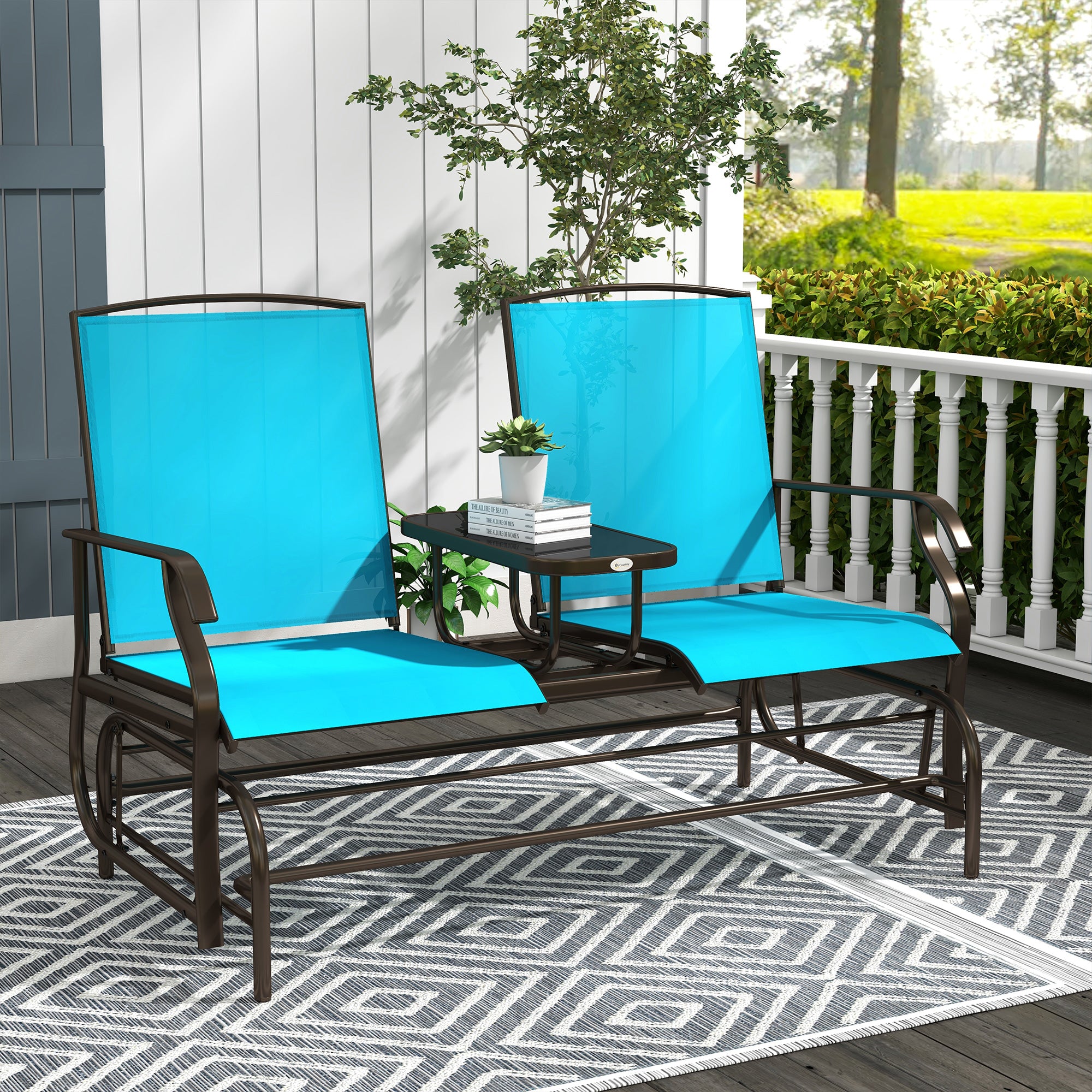 Outsunny Outdoor Glider Bench with Table, Patio Loveseat for 2 Persons, Garden Glider Rocking Chair with Breathable Mesh Fabric, Blue