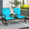 Outsunny Outdoor Glider Bench with Table, Patio Loveseat for 2 Persons, Garden Glider Rocking Chair with Breathable Mesh Fabric, Blue