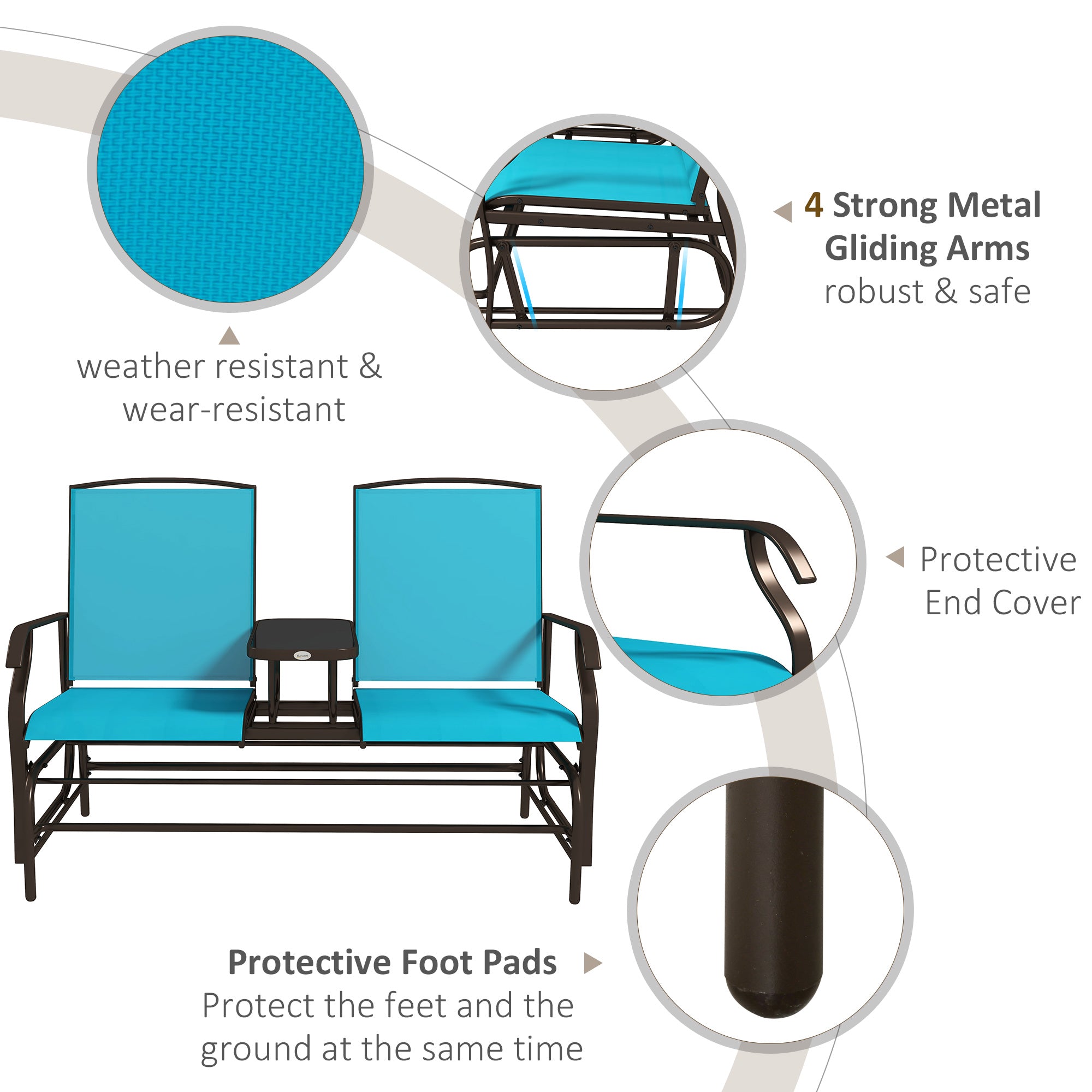 Outsunny Outdoor Glider Bench with Table, Patio Loveseat for 2 Persons, Garden Glider Rocking Chair with Breathable Mesh Fabric, Blue