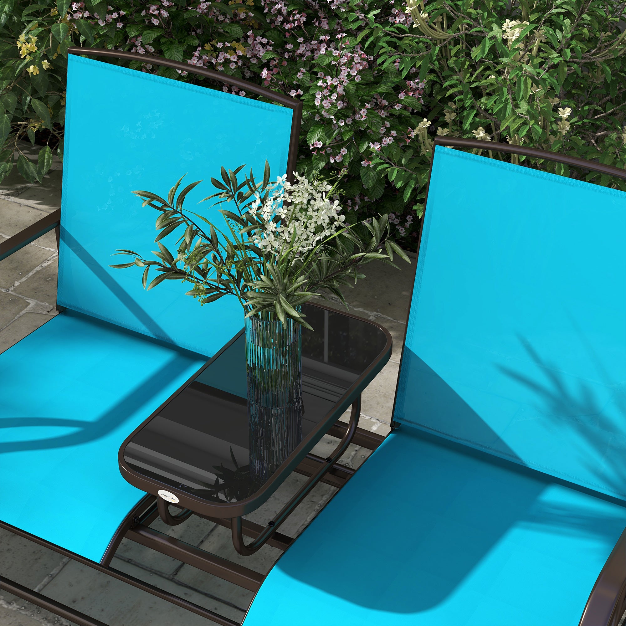 Outsunny Outdoor Glider Bench with Table, Patio Loveseat for 2 Persons, Garden Glider Rocking Chair with Breathable Mesh Fabric, Blue