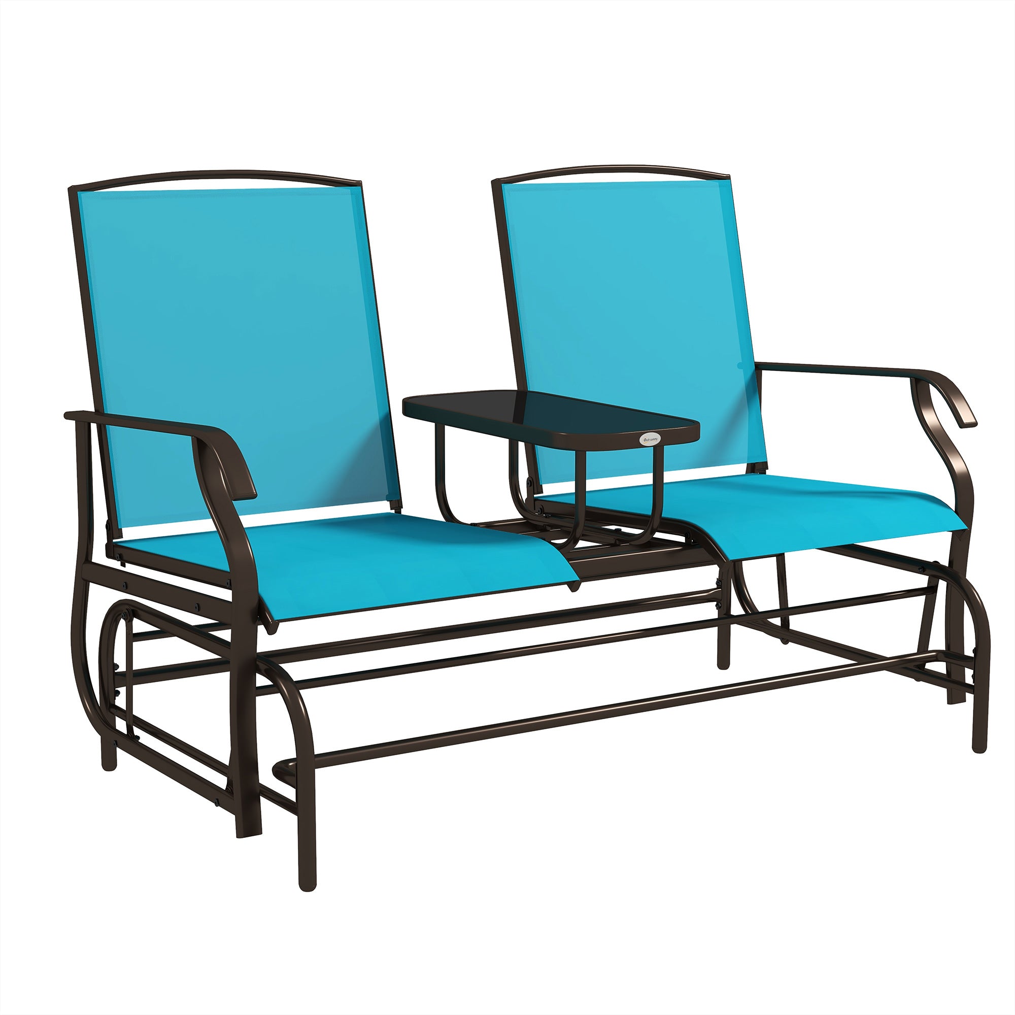 Outsunny Outdoor Glider Bench with Table, Patio Loveseat for 2 Persons, Garden Glider Rocking Chair with Breathable Mesh Fabric, Blue