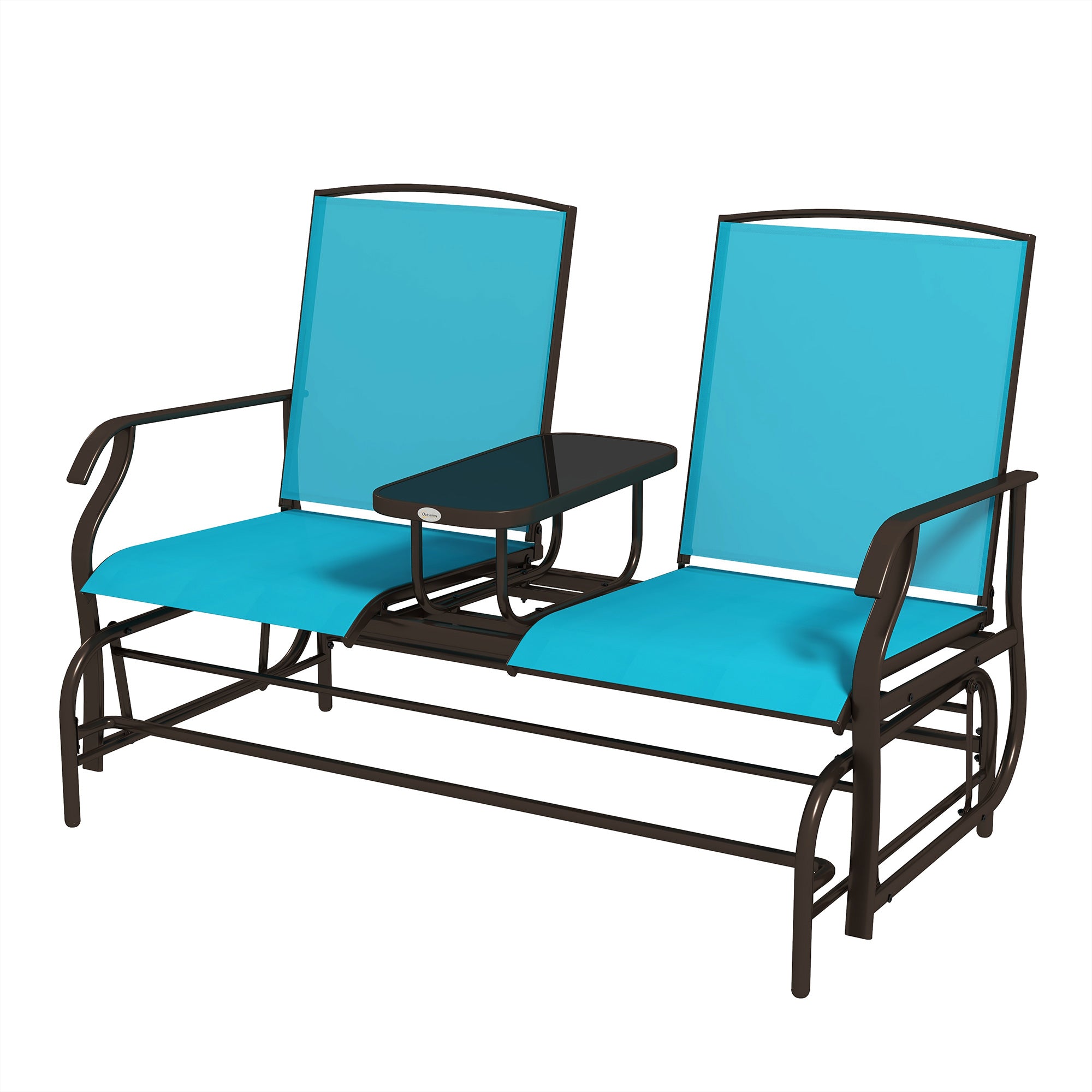 Outsunny Outdoor Glider Bench with Table, Patio Loveseat for 2 Persons, Garden Glider Rocking Chair with Breathable Mesh Fabric, Blue