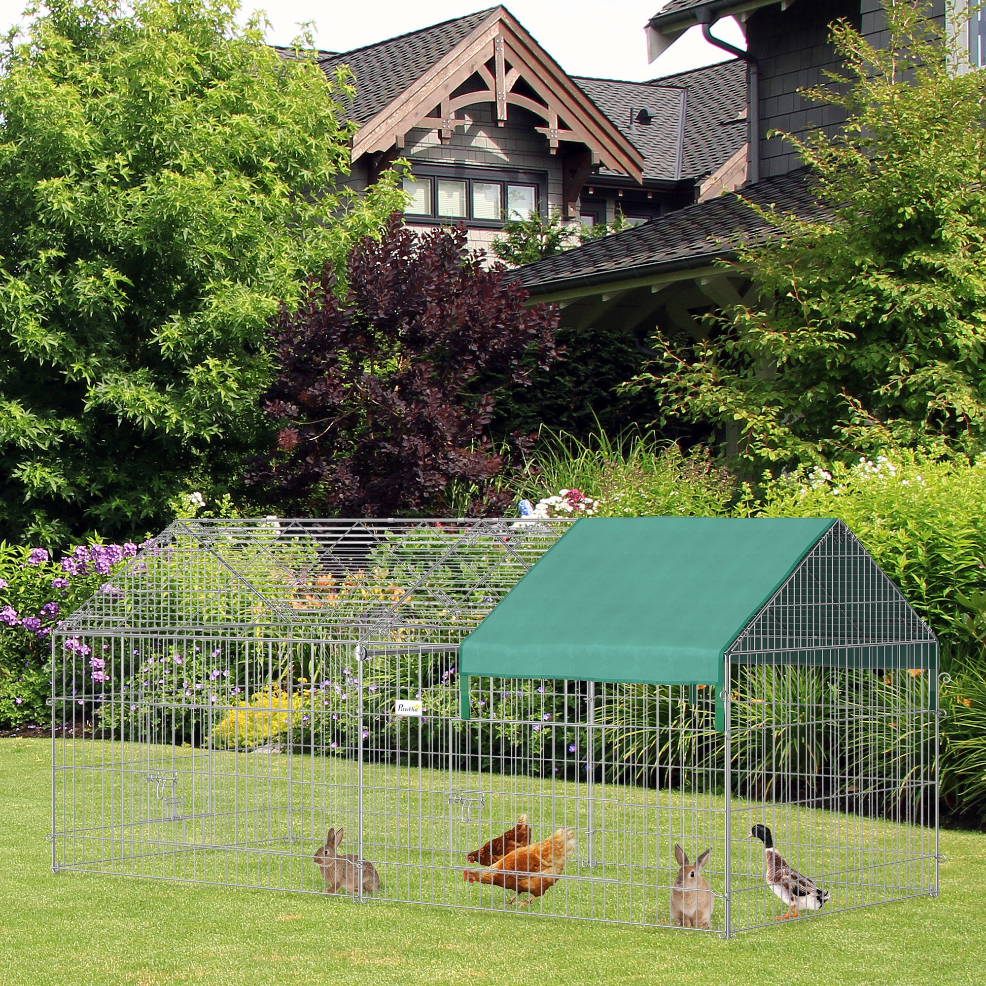 PawHut 87x41x41-IN Small Animal Enclosure Rabbit Pet Metal Cage Outdoor Run Play with Cover and Multiple doors, Green