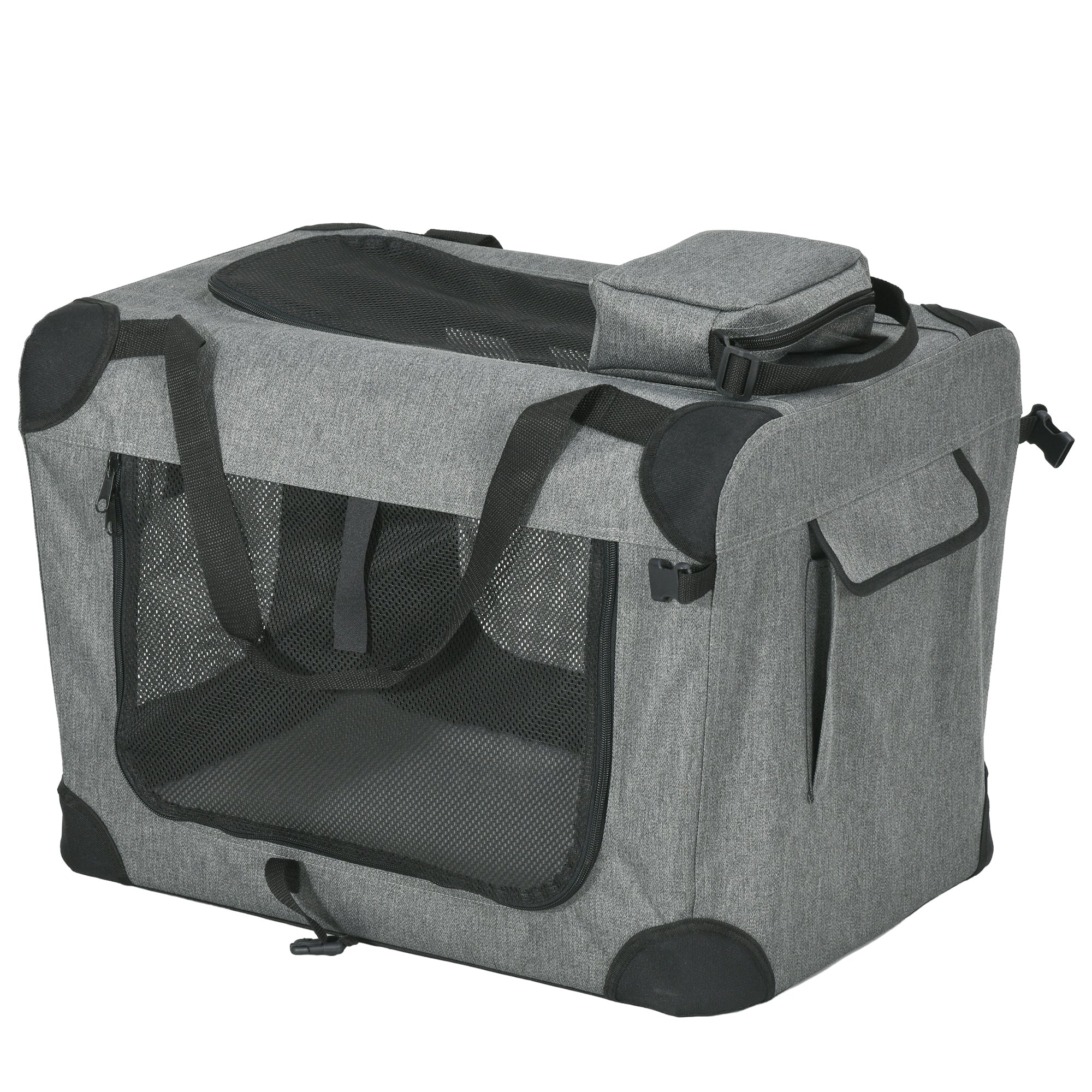 PawHut Foldable Pet Carrier for Small and Miniature Dogs, Portable Cat Carrier Soft Side Pet Travel Crate with Removable Mat, Storage Bags, Breathable Mesh 60 x 41.5 x 41cm - Grey