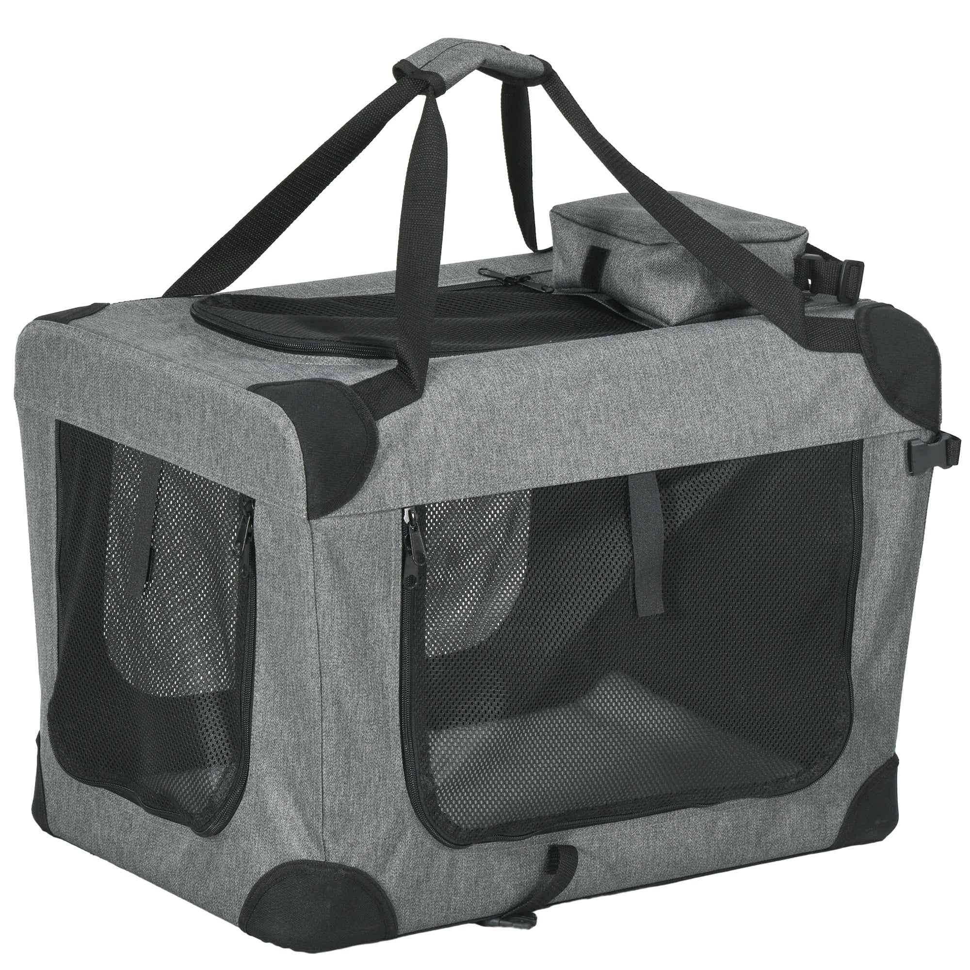 PawHut Foldable Pet Carrier for Small and Miniature Dogs, Portable Cat Carrier Soft Side Pet Travel Crate with Removable Mat, Storage Bags, Breathable Mesh 60 x 41.5 x 41cm - Grey