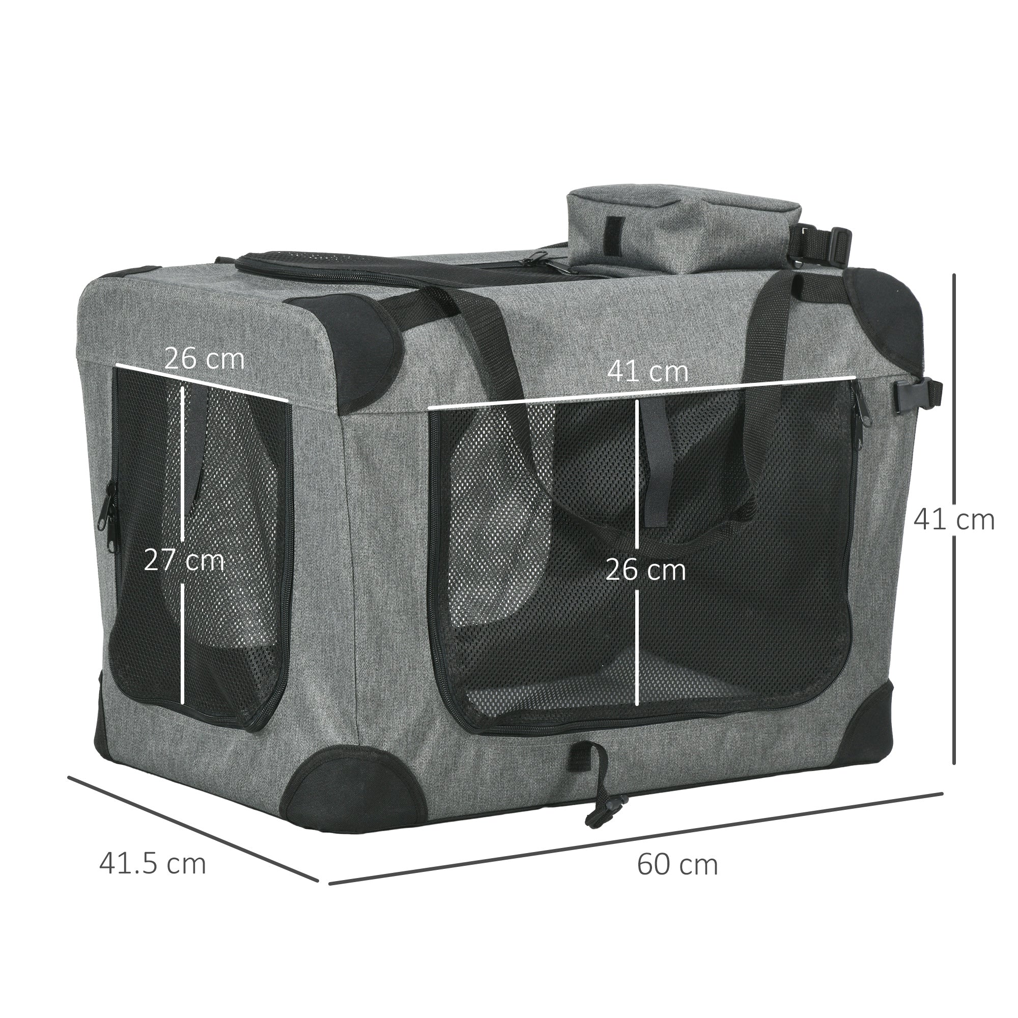 PawHut Foldable Pet Carrier for Small and Miniature Dogs, Portable Cat Carrier Soft Side Pet Travel Crate with Removable Mat, Storage Bags, Breathable Mesh 60 x 41.5 x 41cm - Grey