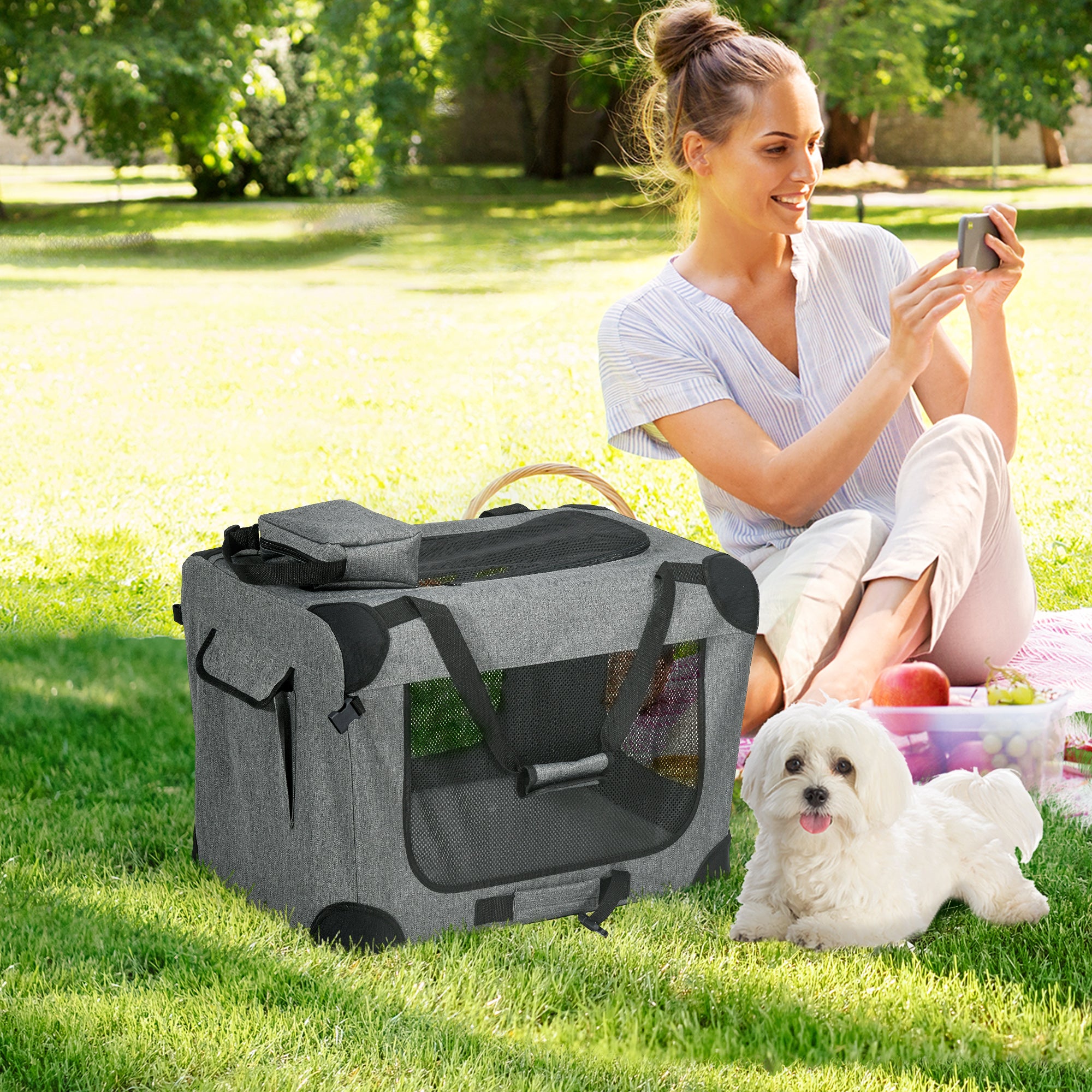 PawHut Foldable Pet Carrier for Small and Miniature Dogs, Portable Cat Carrier Soft Side Pet Travel Crate with Removable Mat, Storage Bags, Breathable Mesh 60 x 41.5 x 41cm - Grey