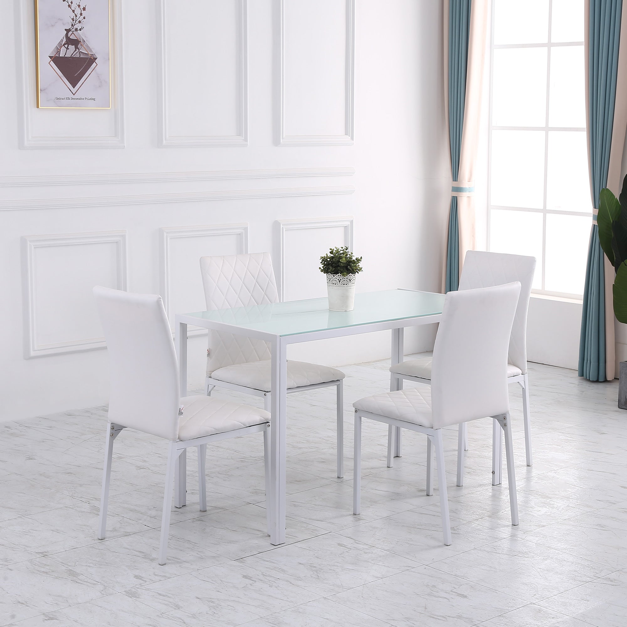 HOMCOM Rectangular Dining Table for 4 People, Modern Kitchen Table with Tabletop Tempered Glass and Metal Legs for Dining Room, Living Room, White