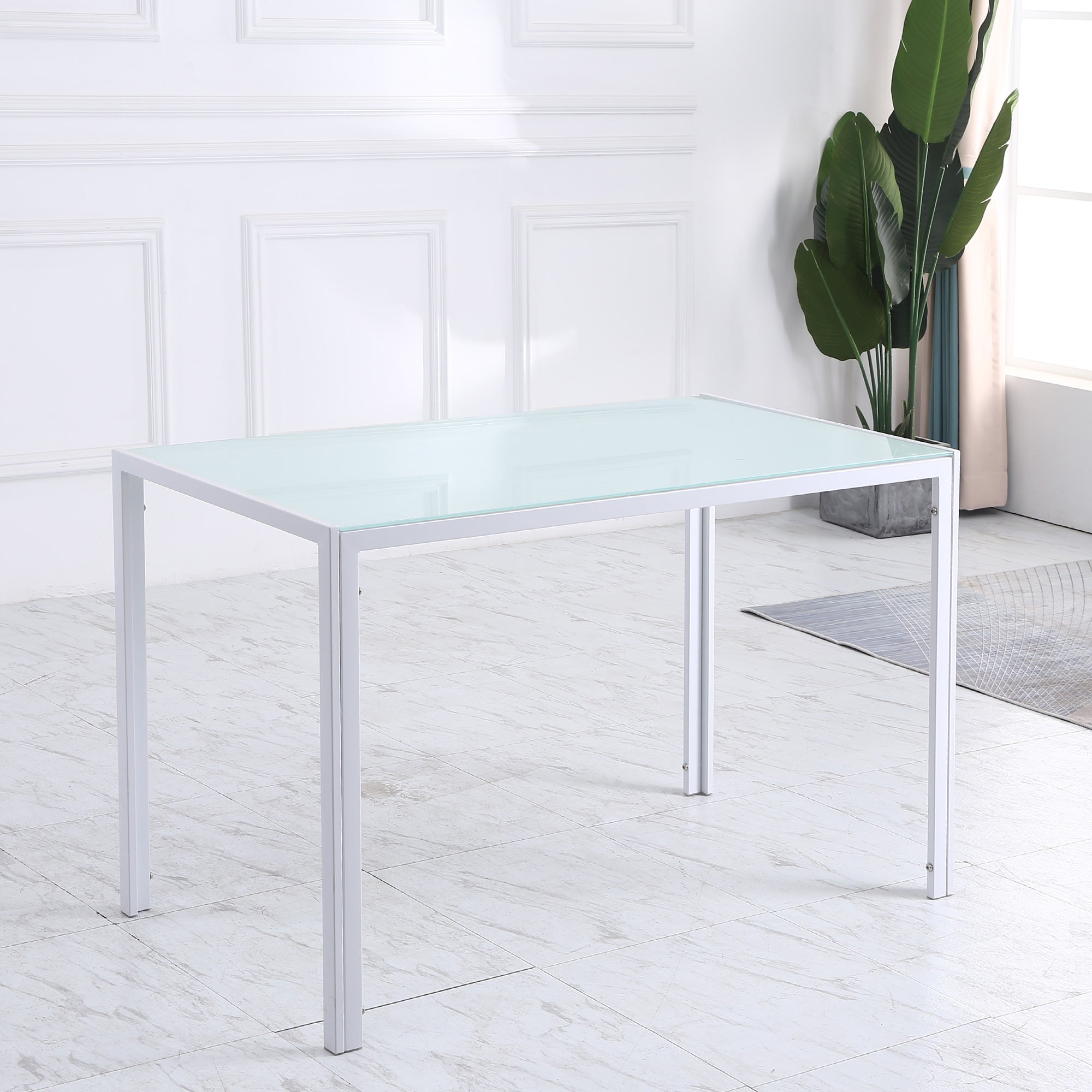 HOMCOM Rectangular Dining Table for 4 People, Modern Kitchen Table with Tabletop Tempered Glass and Metal Legs for Dining Room, Living Room, White