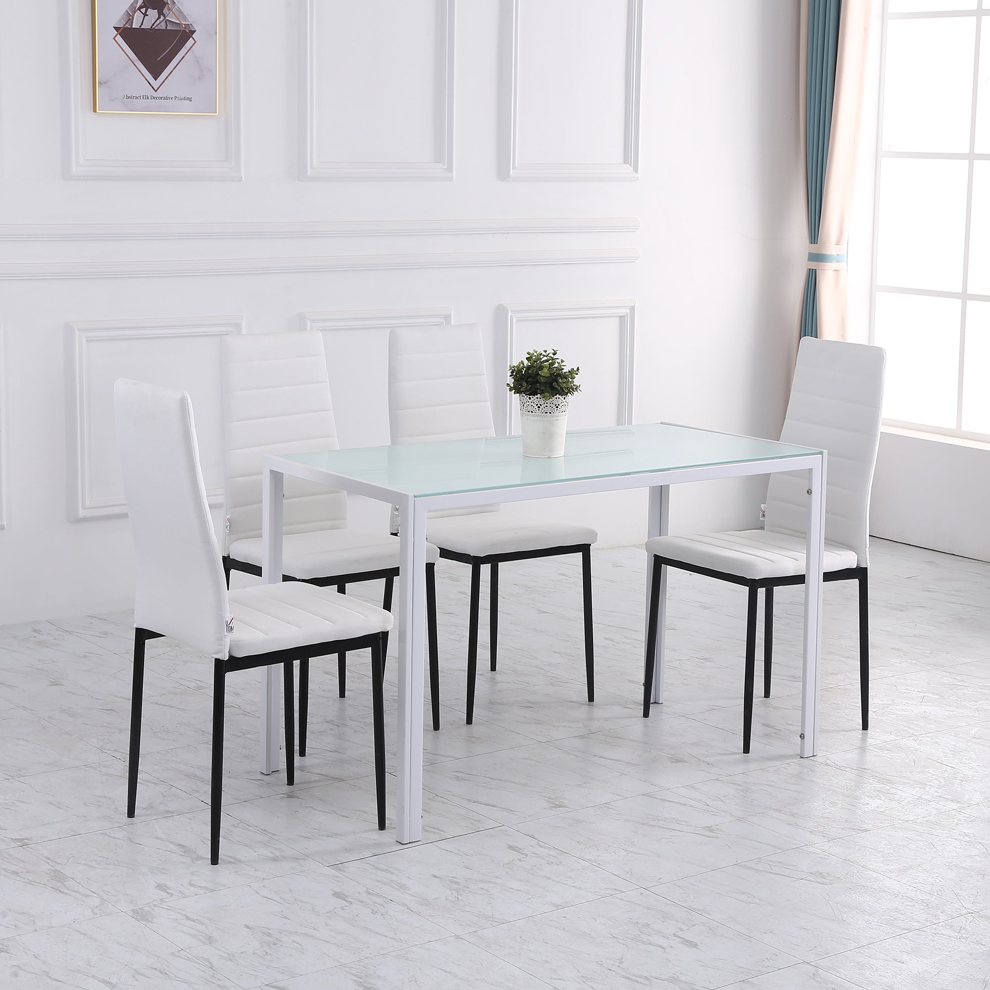 HOMCOM Rectangular Dining Table for 4 People, Modern Kitchen Table with Tabletop Tempered Glass and Metal Legs for Dining Room, Living Room, White