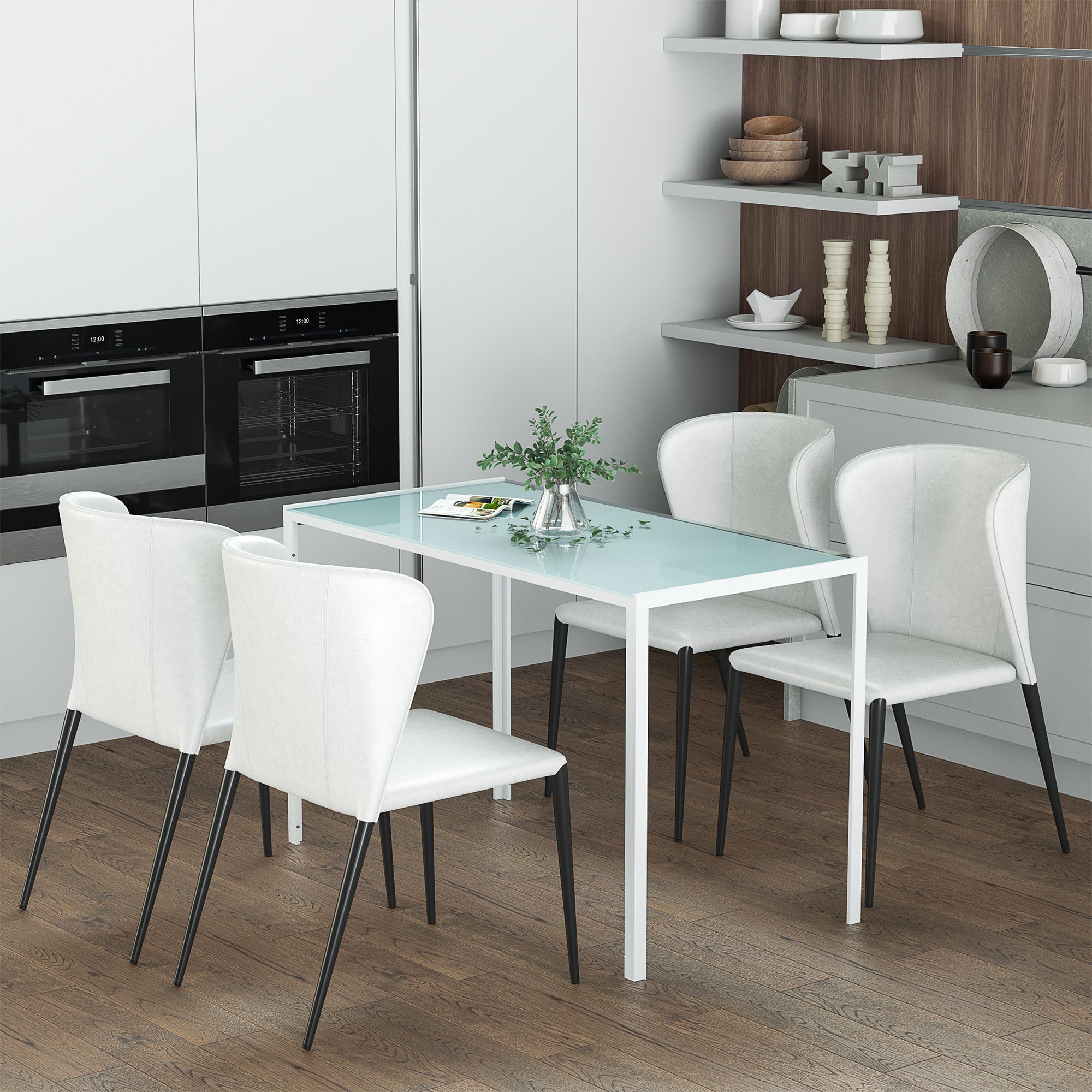 HOMCOM Rectangular Dining Table for 4 People, Modern Kitchen Table with Tabletop Tempered Glass and Metal Legs for Dining Room, Living Room, White