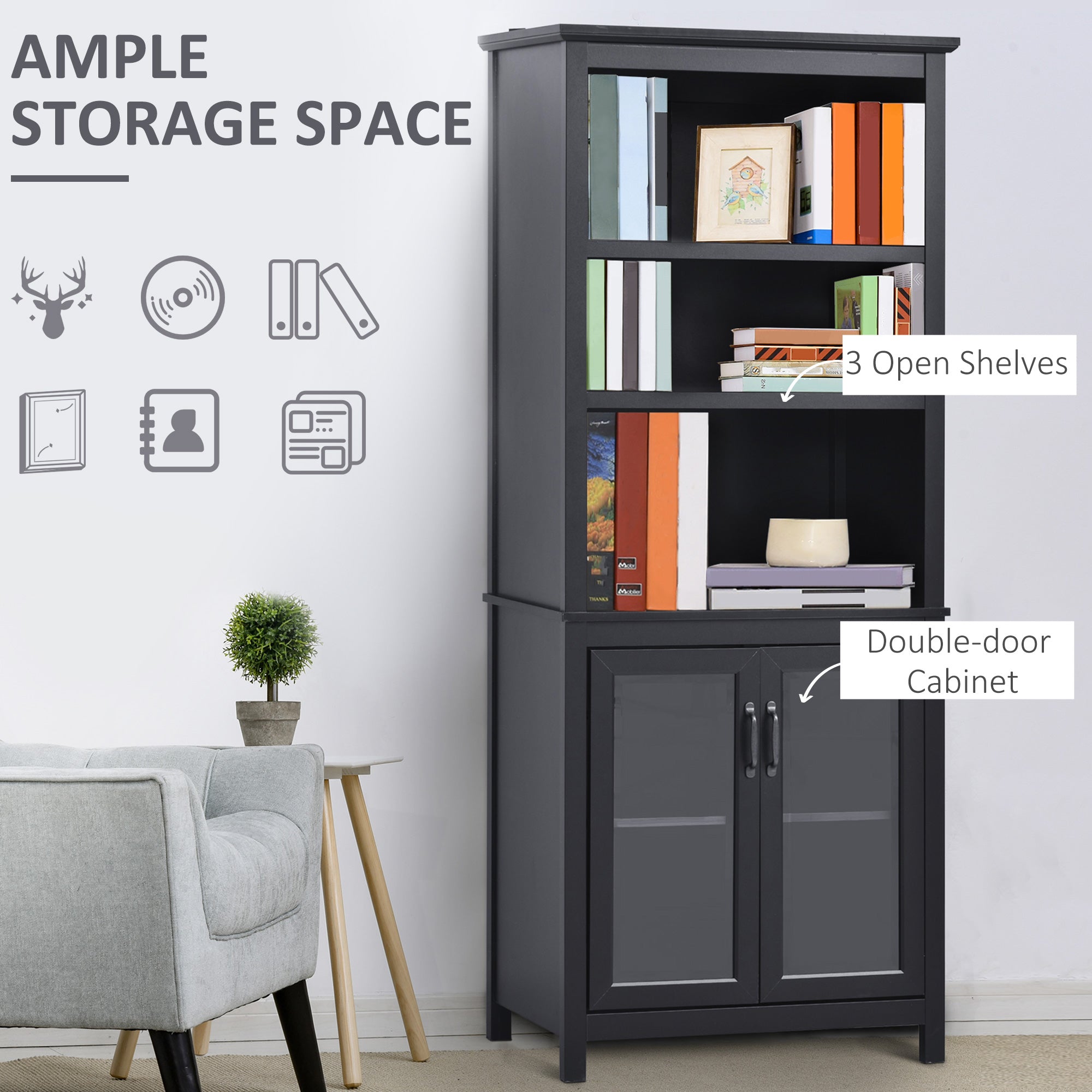 HOMCOM 3-Tier Multifunctional Bookcase, Storage Bookshelf, Display Shelves with Glass Doors, Open Compartments and Adjustable Shelves for Home Office, Living Room, Study, Black