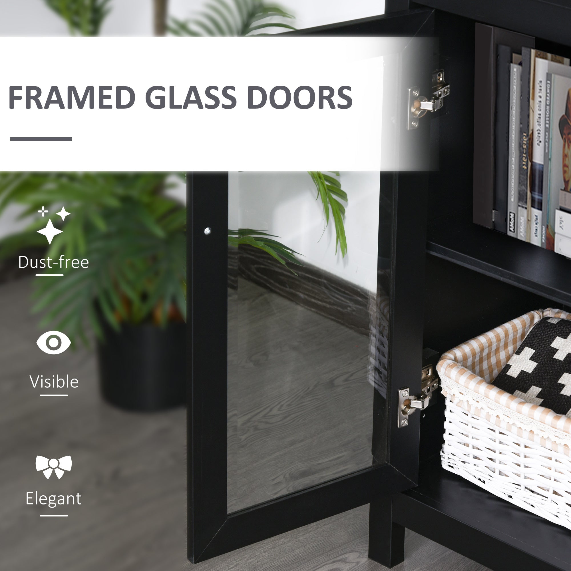 HOMCOM 3-Tier Multifunctional Bookcase, Storage Bookshelf, Display Shelves with Glass Doors, Open Compartments and Adjustable Shelves for Home Office, Living Room, Study, Black