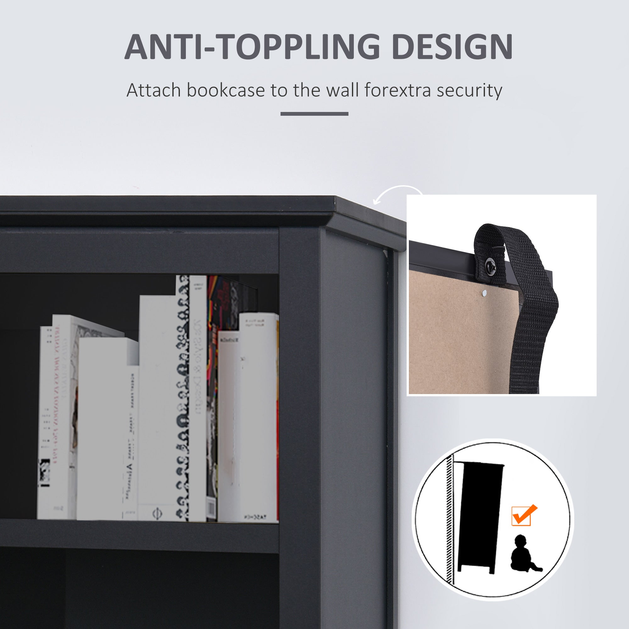 HOMCOM 3-Tier Multifunctional Bookcase, Storage Bookshelf, Display Shelves with Glass Doors, Open Compartments and Adjustable Shelves for Home Office, Living Room, Study, Black