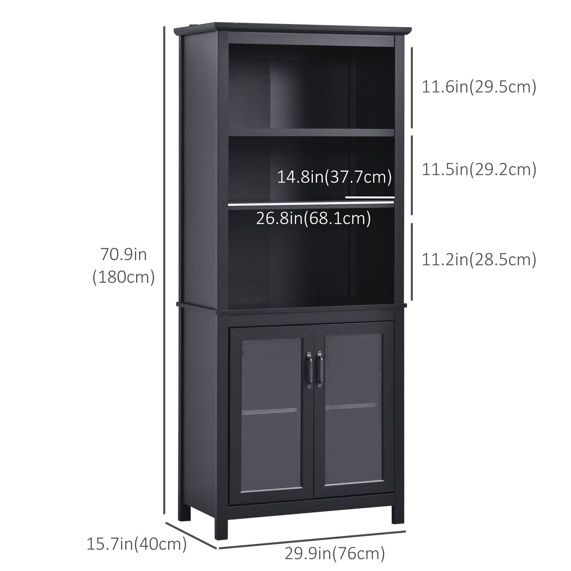 HOMCOM 3-Tier Multifunctional Bookcase, Storage Bookshelf, Display Shelves with Glass Doors, Open Compartments and Adjustable Shelves for Home Office, Living Room, Study, Black