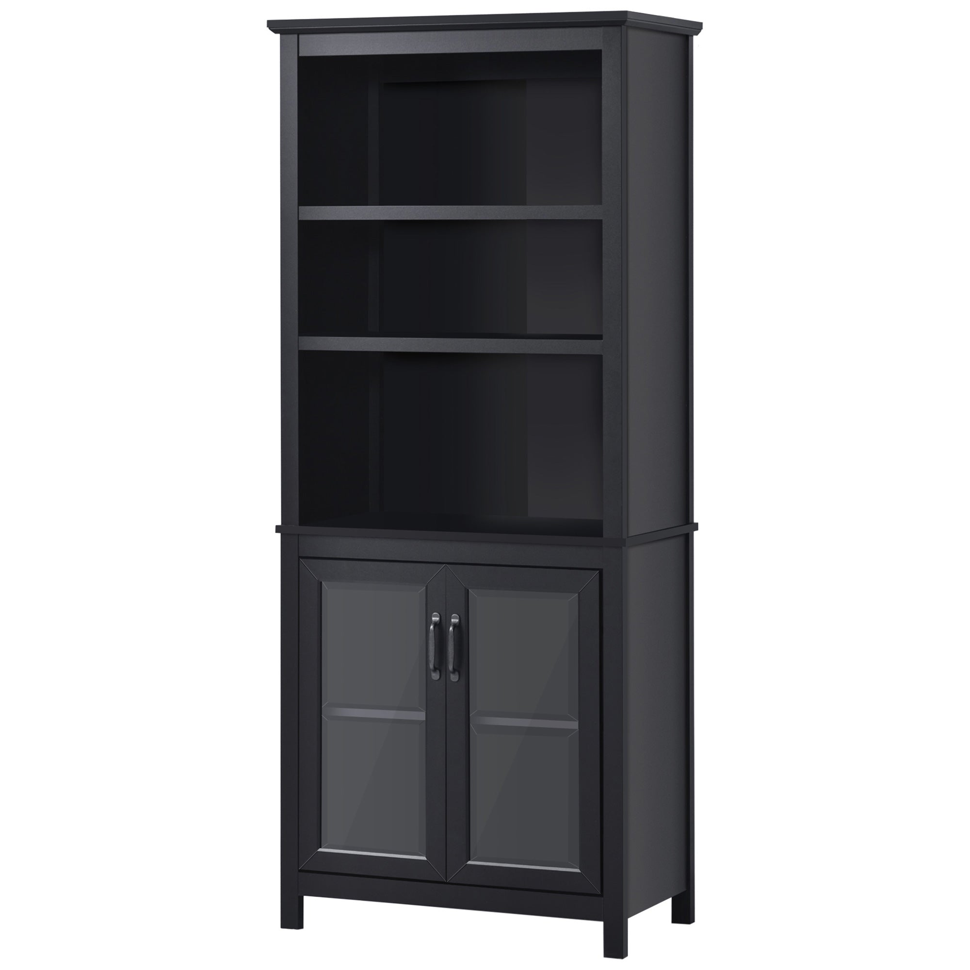 HOMCOM 3-Tier Multifunctional Bookcase, Storage Bookshelf, Display Shelves with Glass Doors, Open Compartments and Adjustable Shelves for Home Office, Living Room, Study, Black
