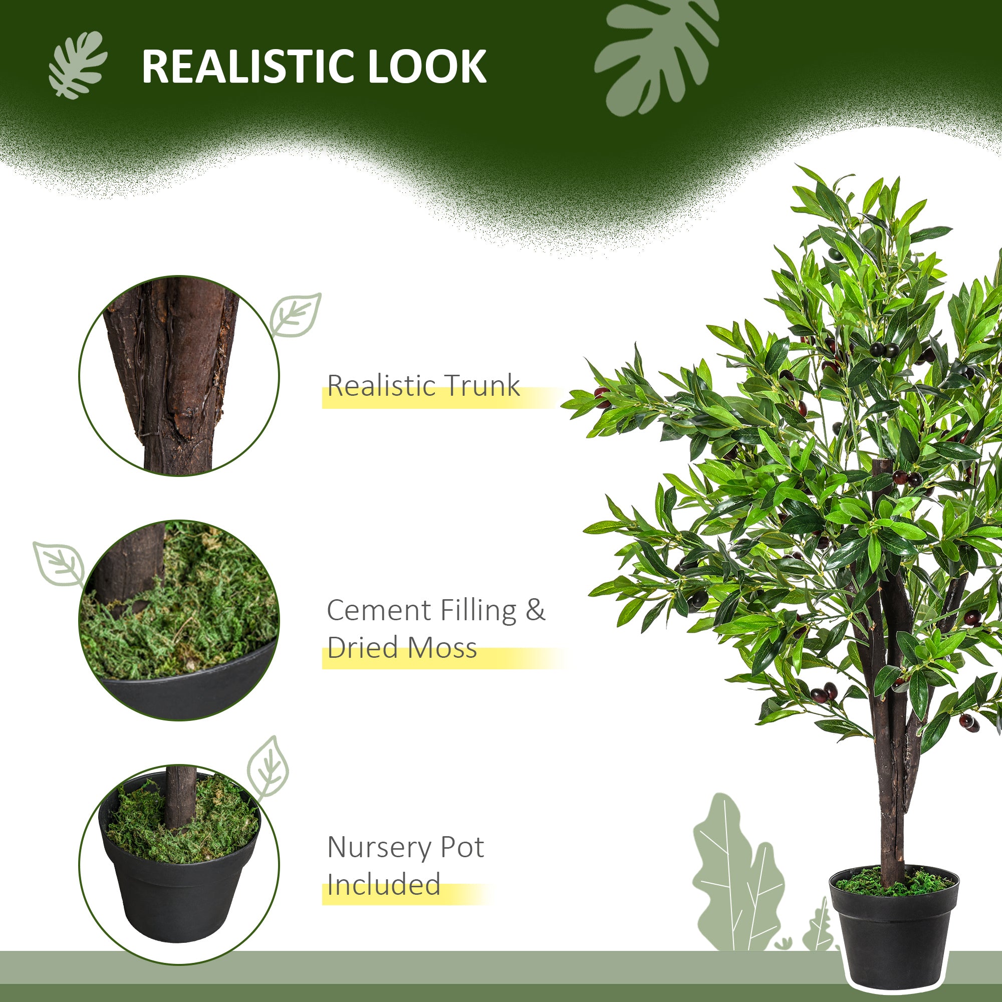 Outsunny 4FT Artificial Olive Tree, Faux Decorative Plant with 1080 Leaves, 108 Fruits and Nursery Pot for Indoor or Outdoor D茅cor, Green