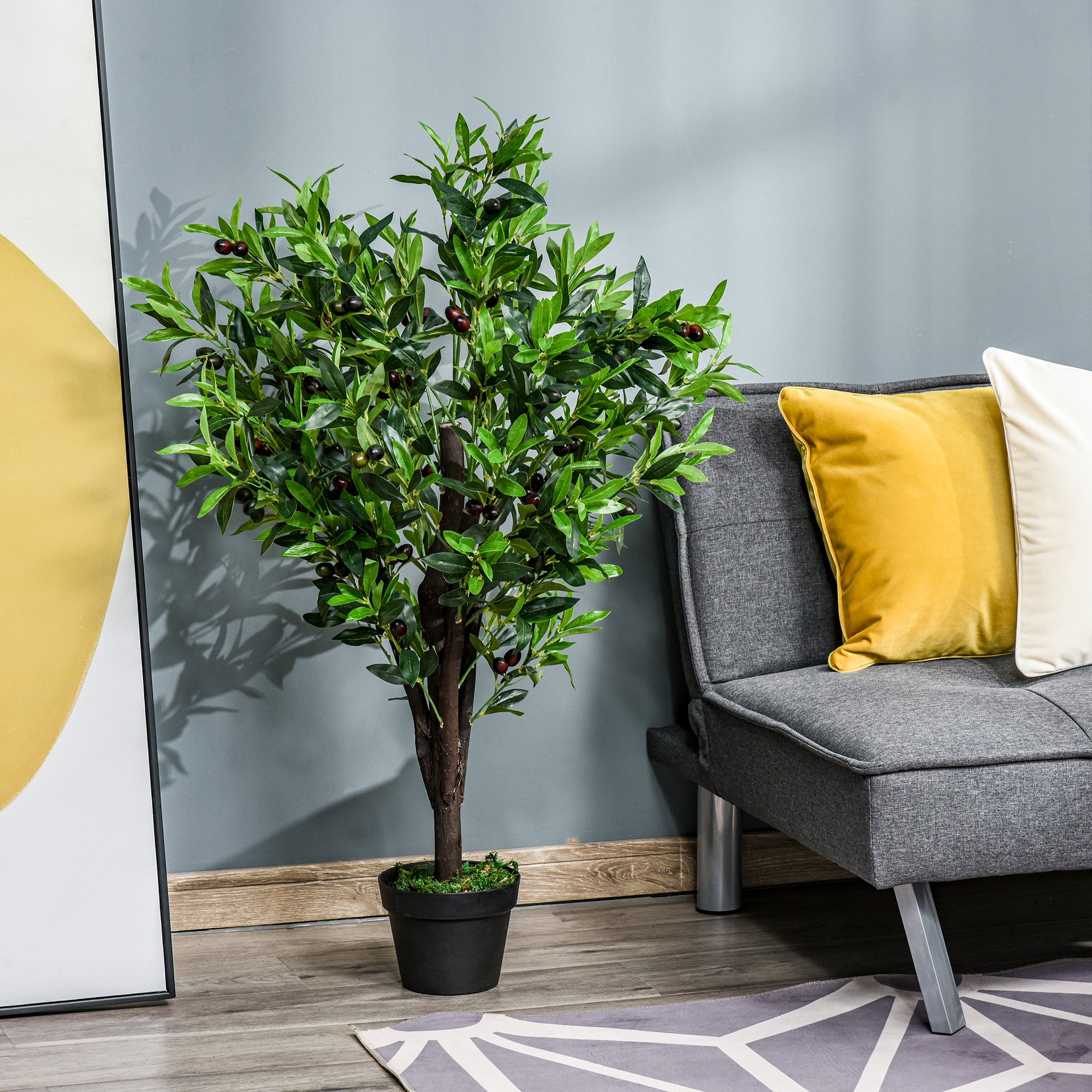 Outsunny 4FT Artificial Olive Tree, Faux Decorative Plant with 1080 Leaves, 108 Fruits and Nursery Pot for Indoor or Outdoor D茅cor, Green
