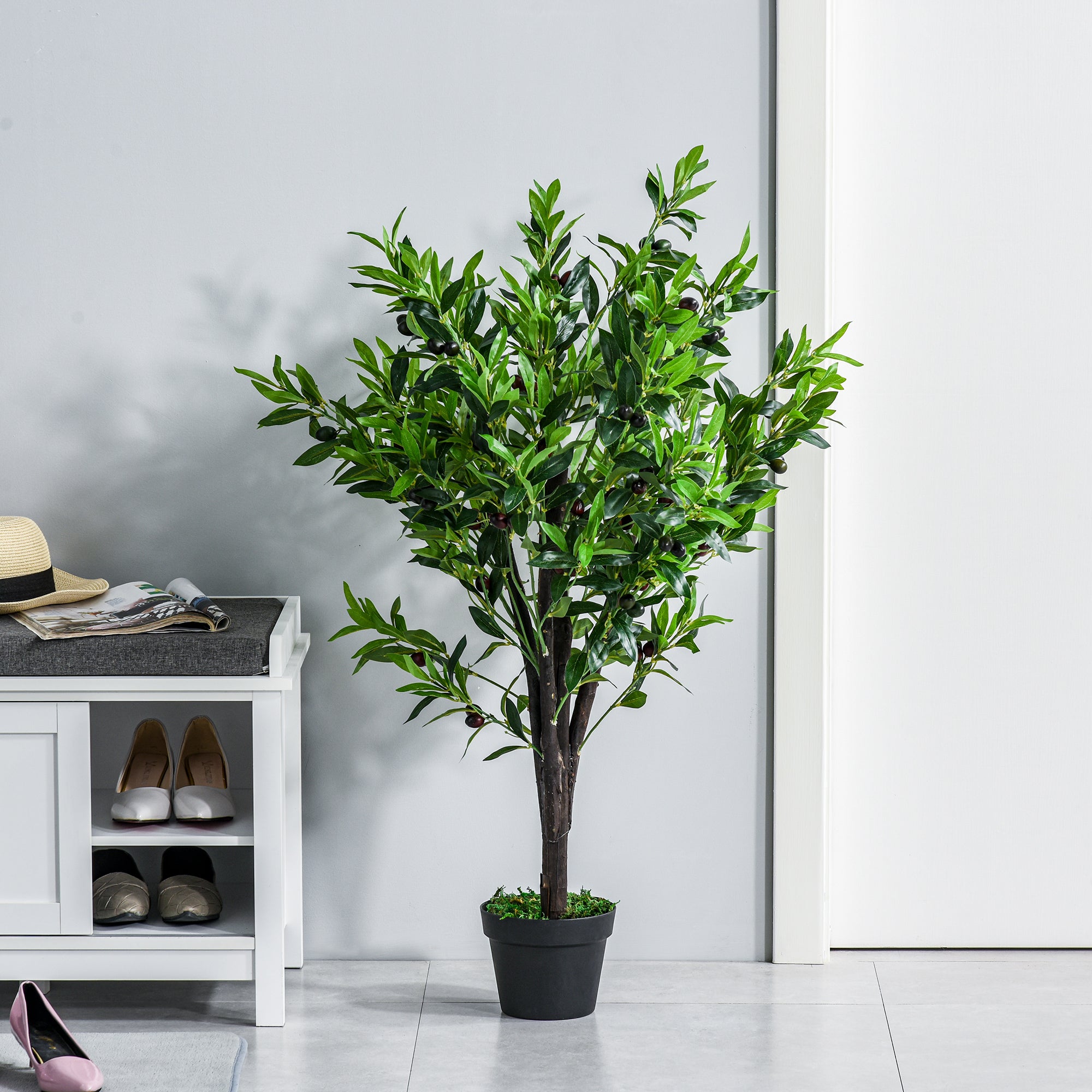 Outsunny 4FT Artificial Olive Tree, Faux Decorative Plant with 1080 Leaves, 108 Fruits and Nursery Pot for Indoor or Outdoor D茅cor, Green